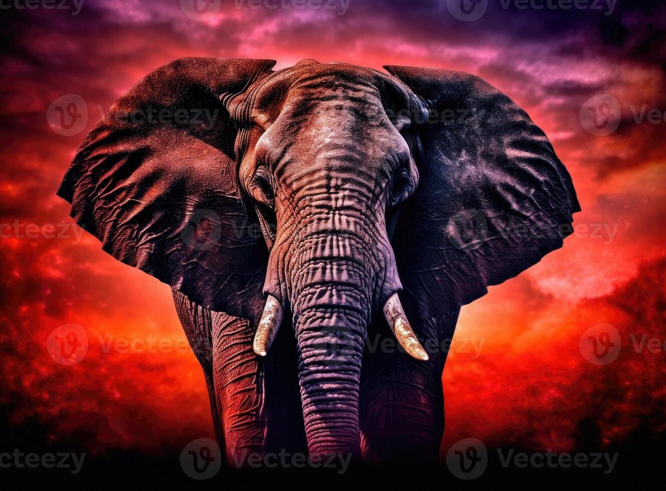 Elephant standing in front of intense sunset. . photo