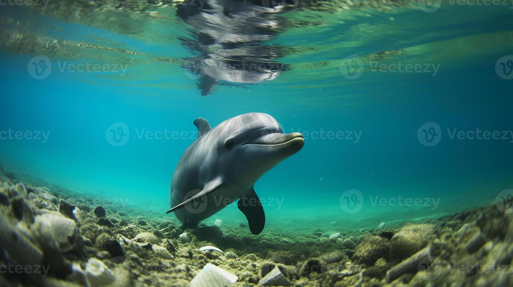 A dolphin trapped in a plastic bag in the ocean. Environmental Protection. Generative ai photo