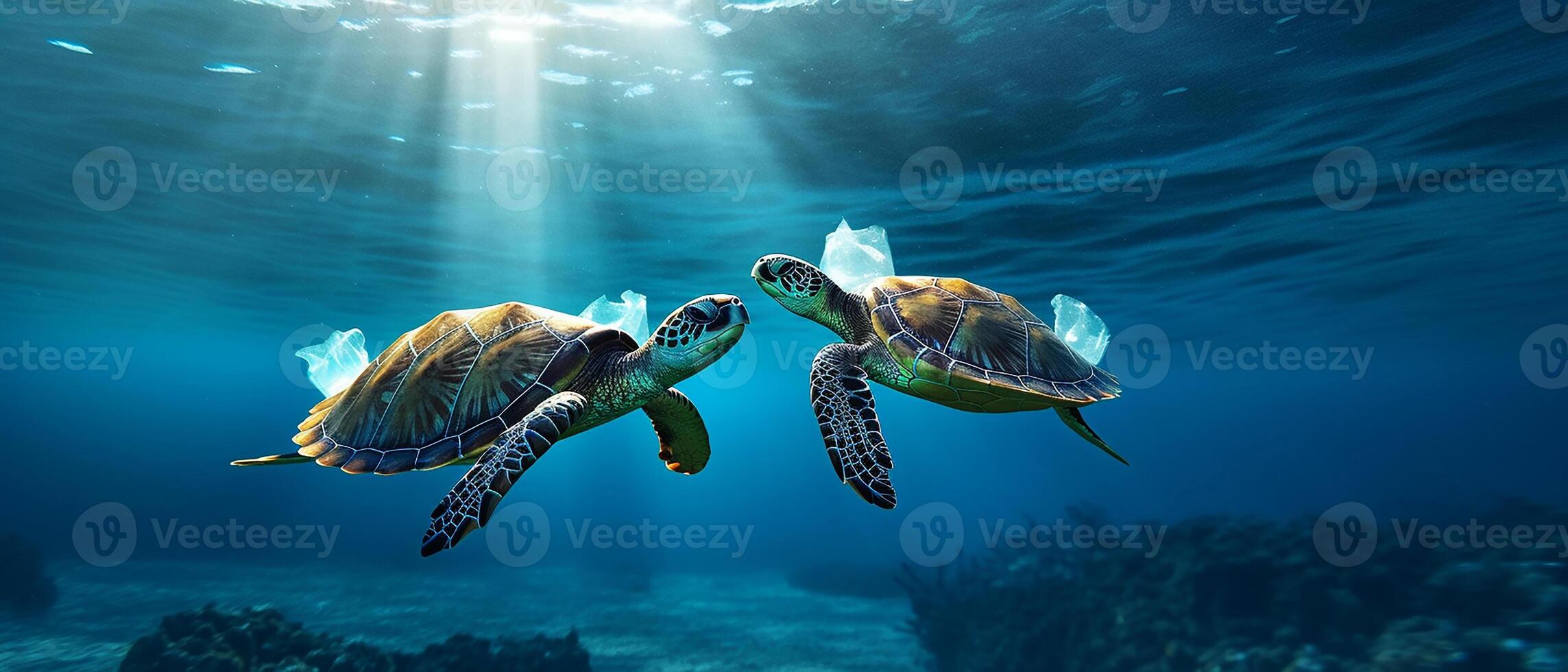 Ocean pollution is an ecological catastrophe Plastic bags A turtle surrounded . photo