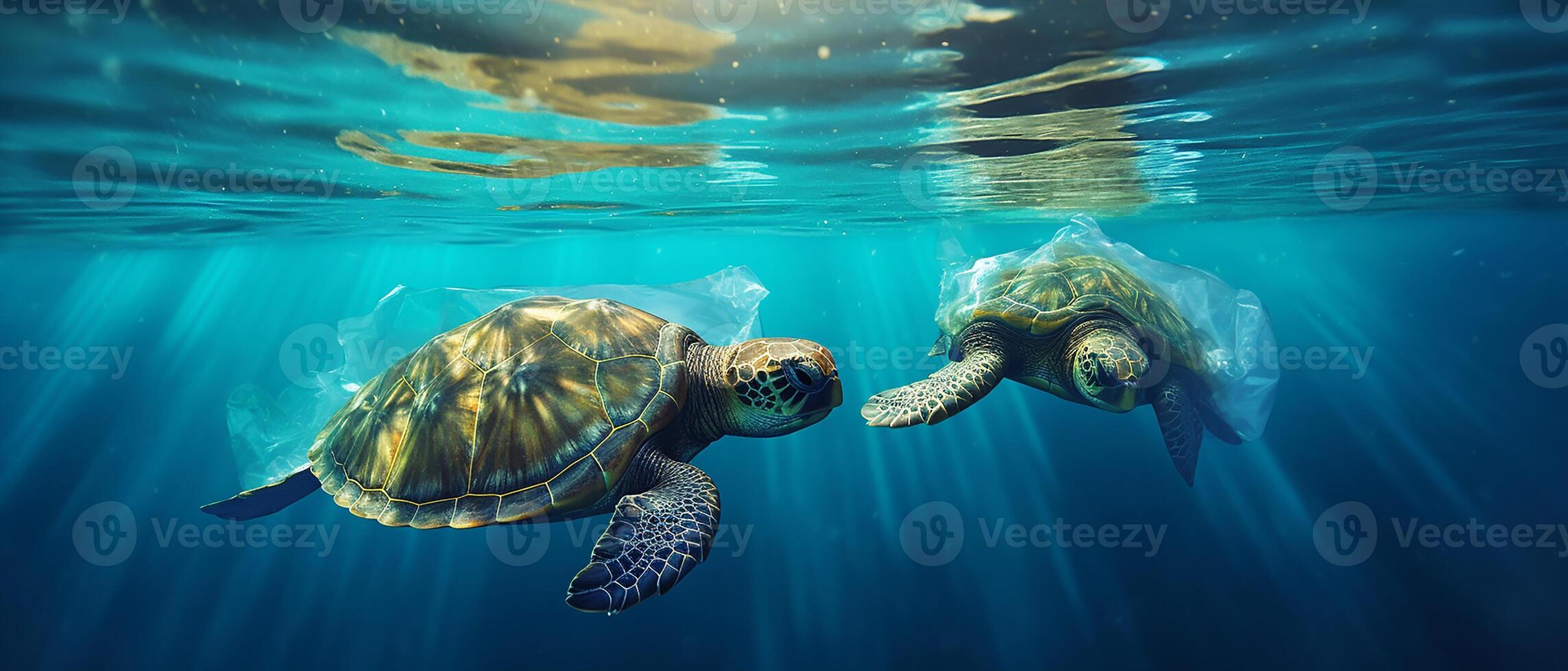 Ocean pollution is an ecological catastrophe Plastic bags A turtle surrounded . photo
