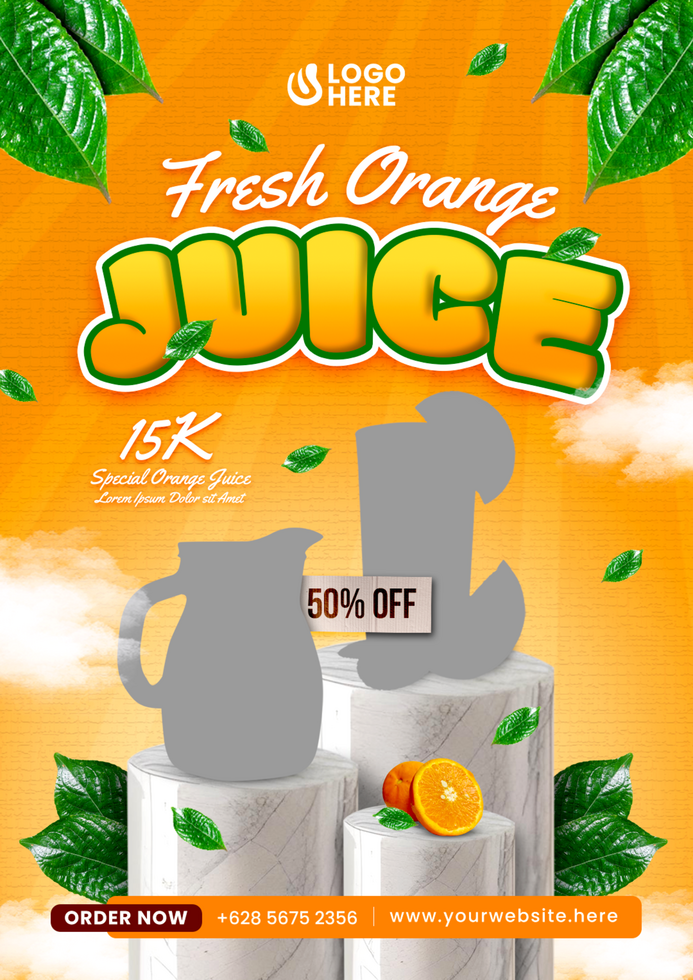 Orange juice food menu social media poster banner design with PSD Mockup