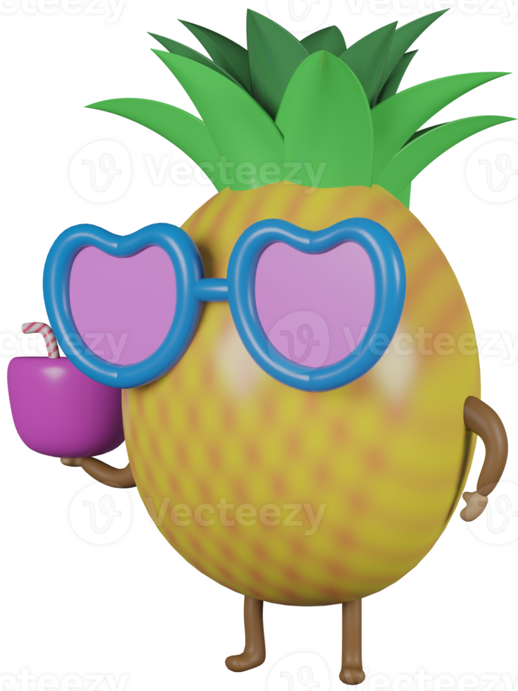 3D illustration render character yellow fruit pineapple in sunglasses with cocktail on transparent background png