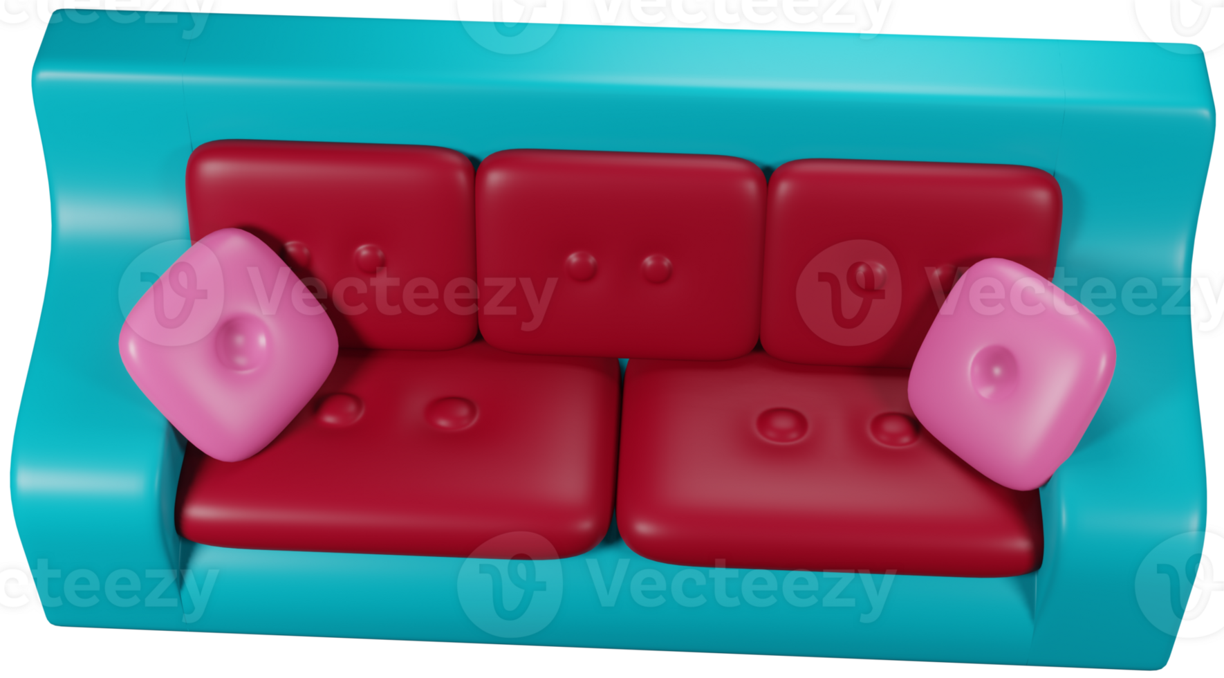 3d ilustração render mobília sofá vermelho azul com almofadas em transparente fundo png