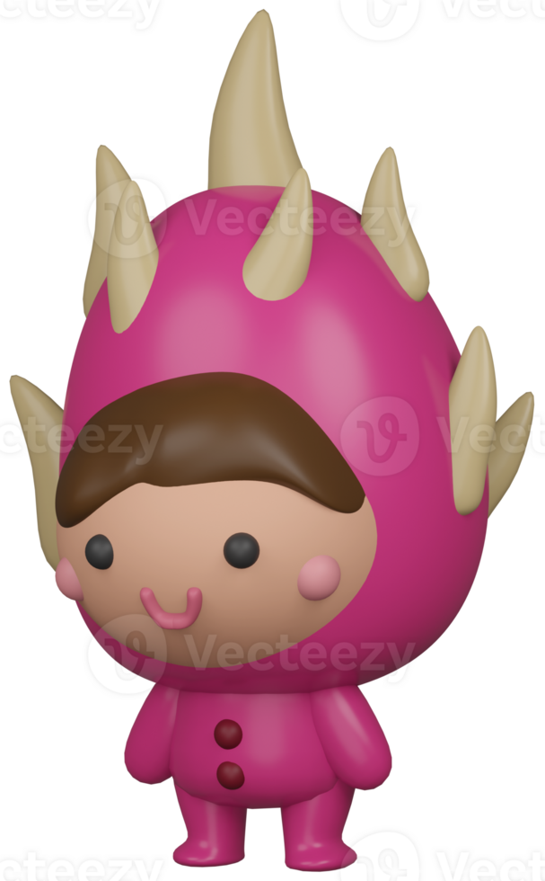 3D illustration render pink character dragon fruit girl on transparent background png