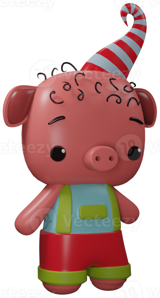 3D illustration render character animal pink pig in clothes on transparent background png