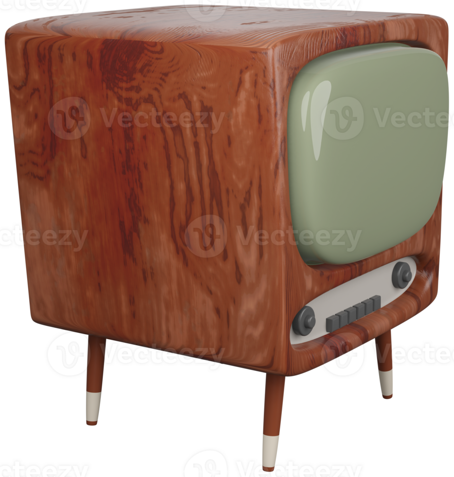 3D illustration render model of old TV in brown wooden case on legs on transparent background png