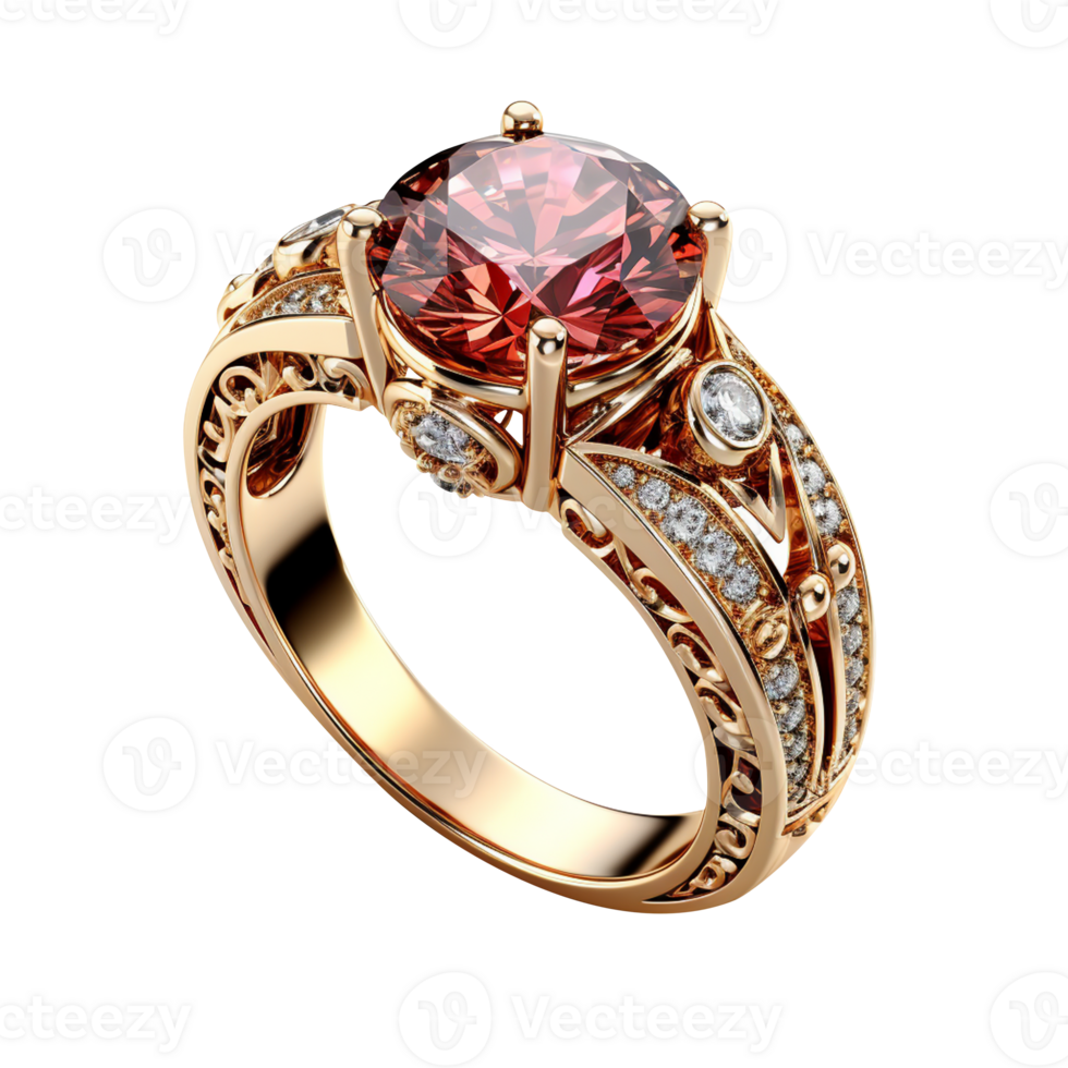 Gold ring the head is a red ruby surrounded by beautiful diamond. png