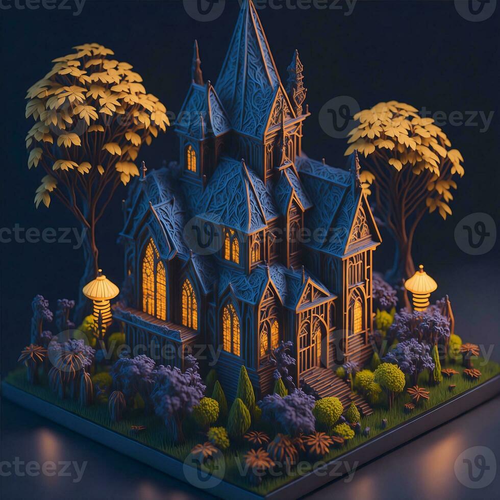 Small wooden church on the background of the forest 3D illustration by ai generated photo