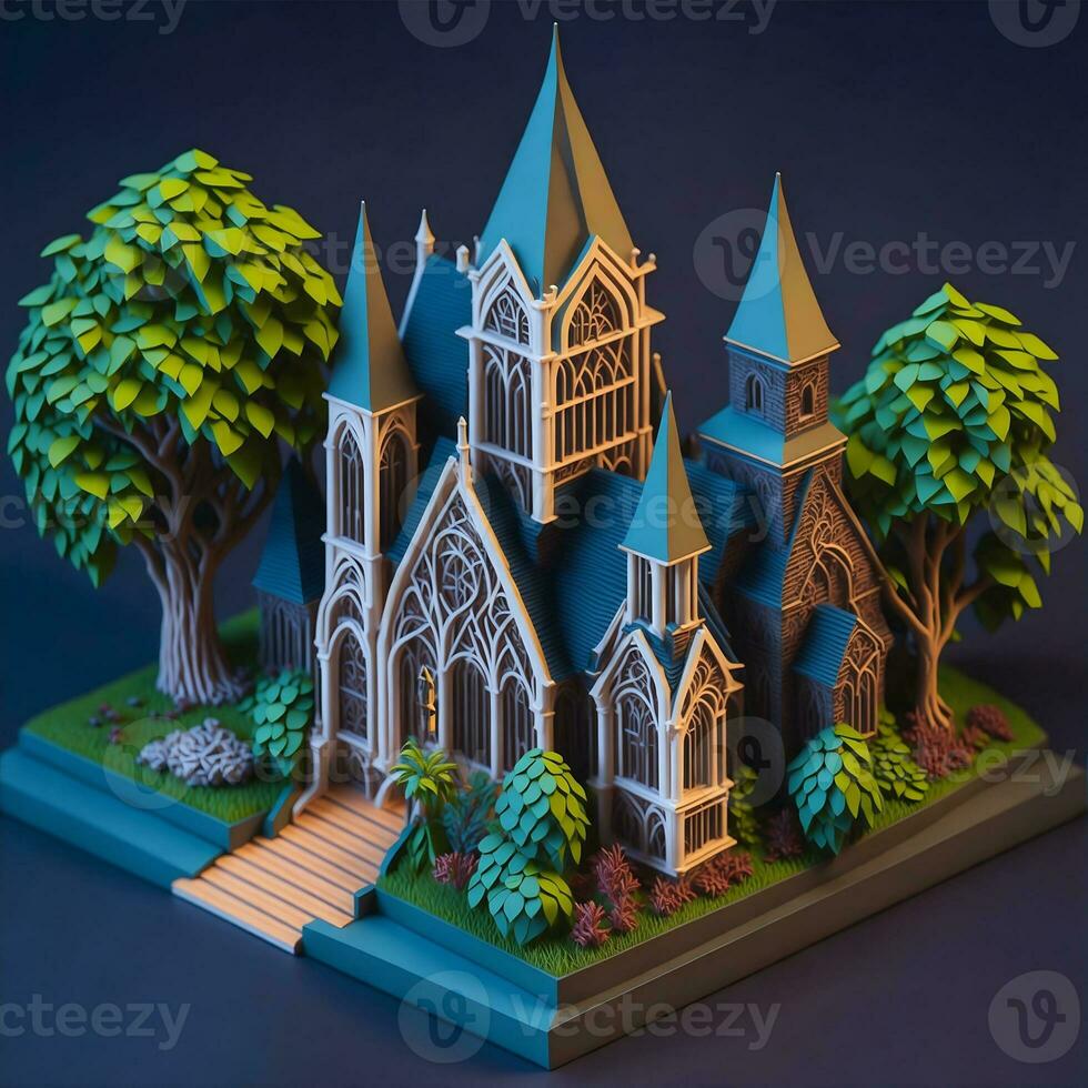 pequeño de madera Iglesia en el antecedentes de el bosque 3d ilustración por ai generado foto