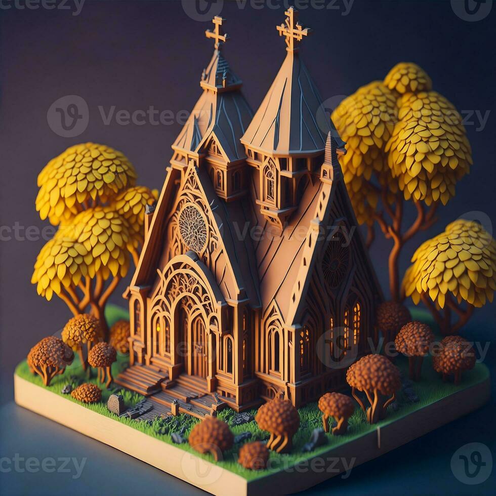 pequeño de madera Iglesia en el antecedentes de el bosque 3d ilustración por ai generado foto