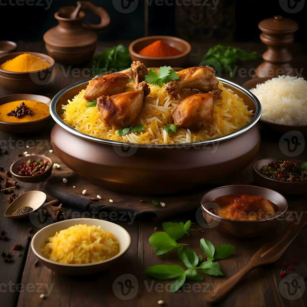 Generative AI image of the Biryani or Briyani, a mixed rice dish from South Asia, made from Indian spices, vegetables, meat and rice photo