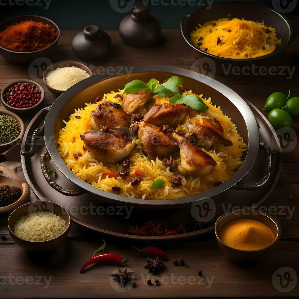 Generative AI image of the Biryani or Briyani, a mixed rice dish from South Asia, made from Indian spices, vegetables, meat and rice photo