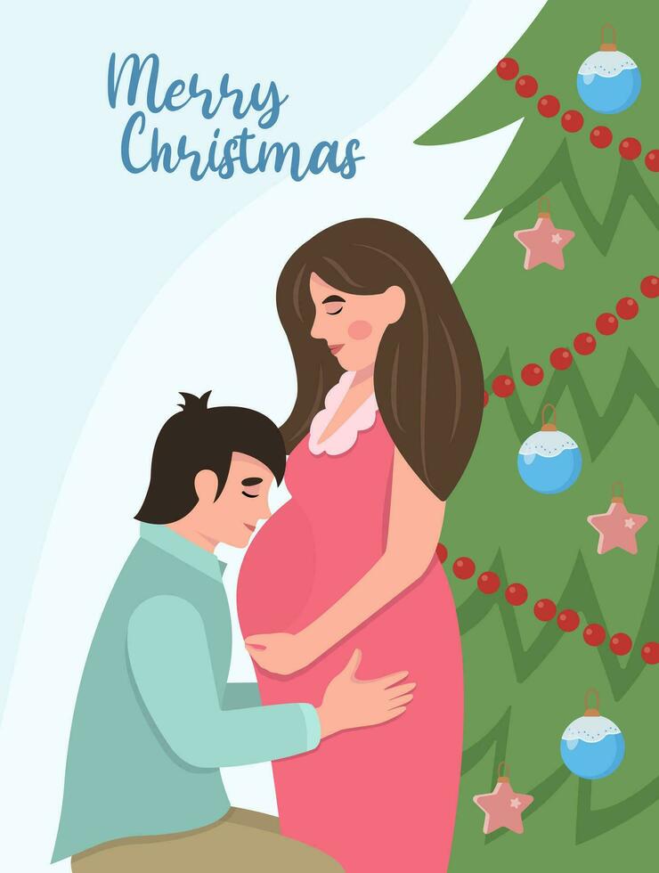 Holiday concept. Lovely pregnant woman with her husband on the background of the Christmas tree. Vector illustration in a flat style. Pregnancy.