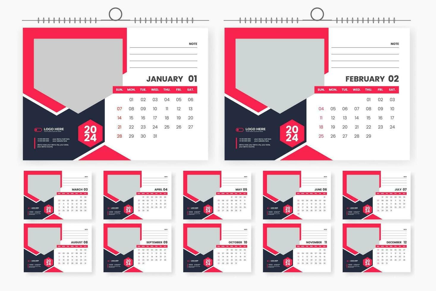 2024 desk calendar design 12 page calendar template vector