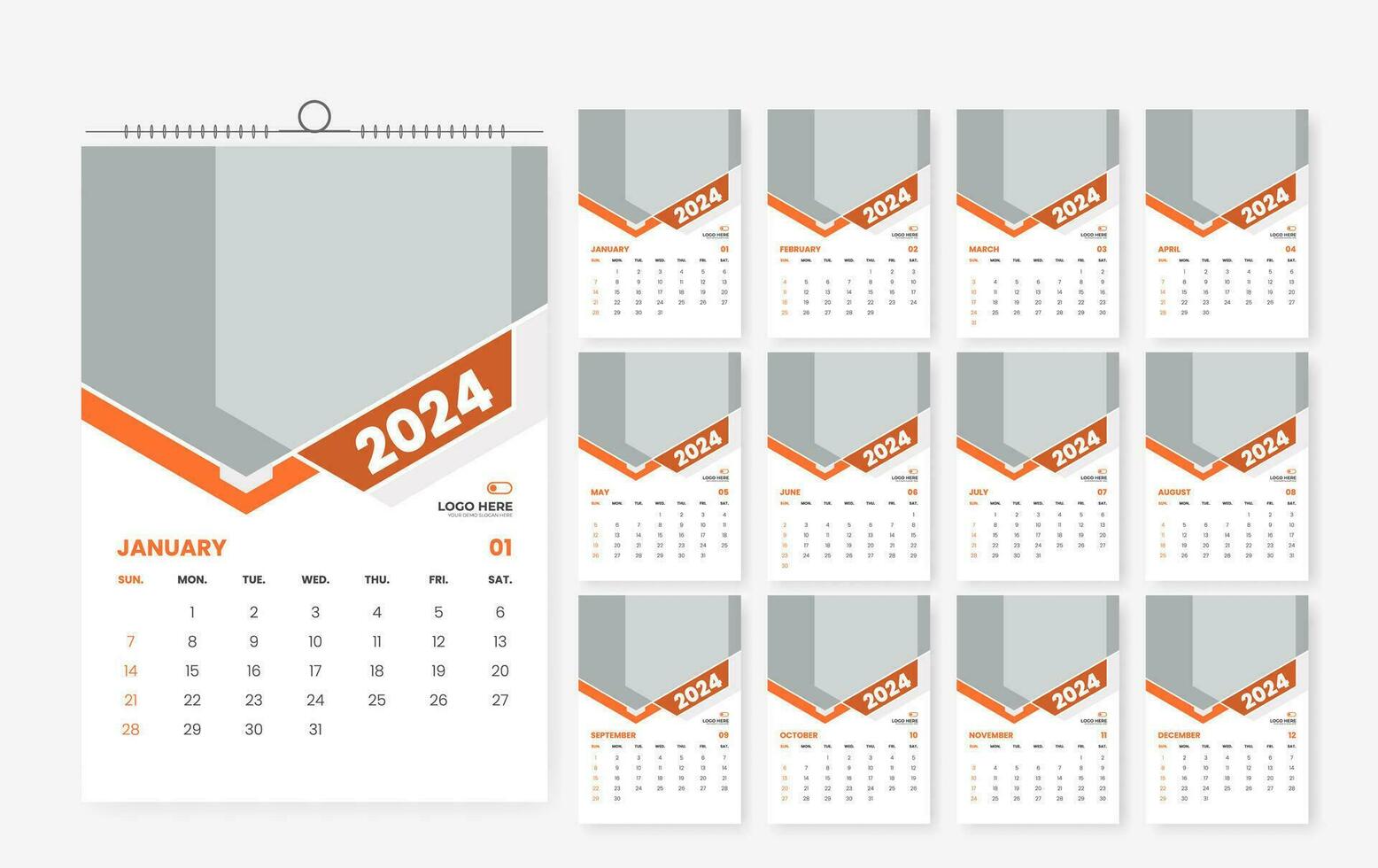 2024 12 page wall calendar template design vector