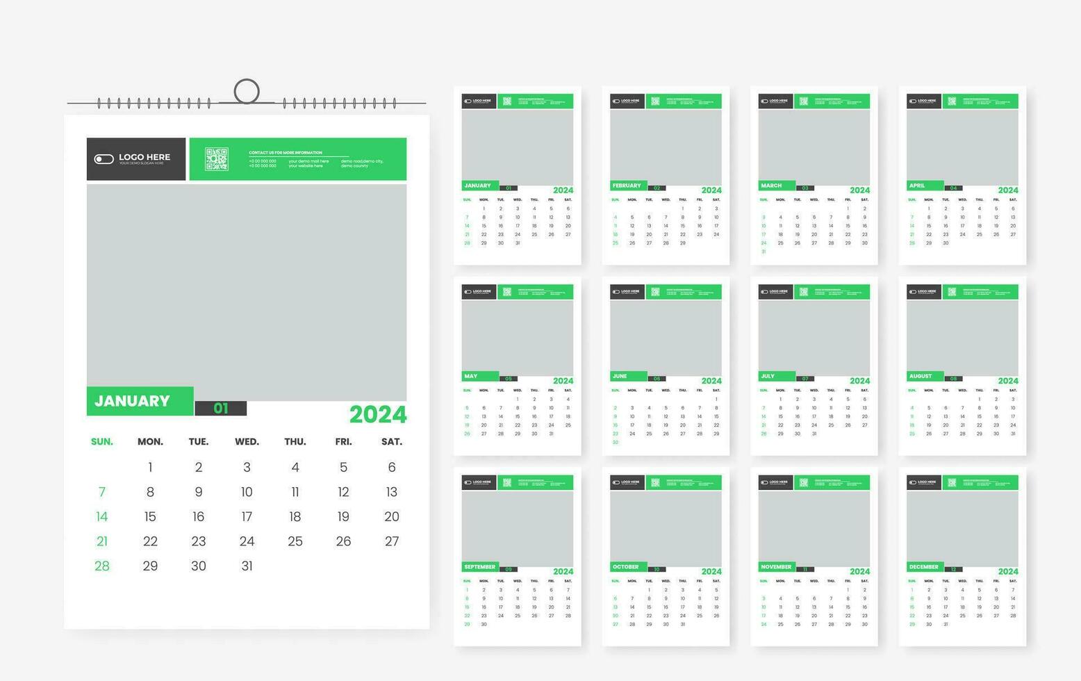 2024 12 page wall calendar template design vector