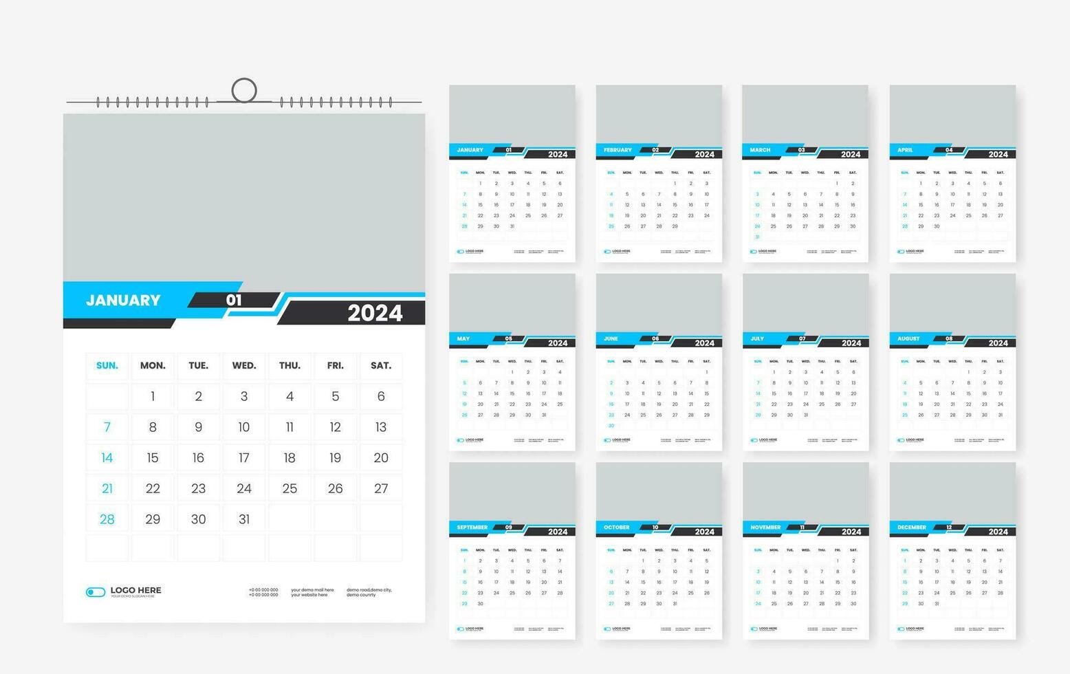 2024 12 page wall calendar template design vector