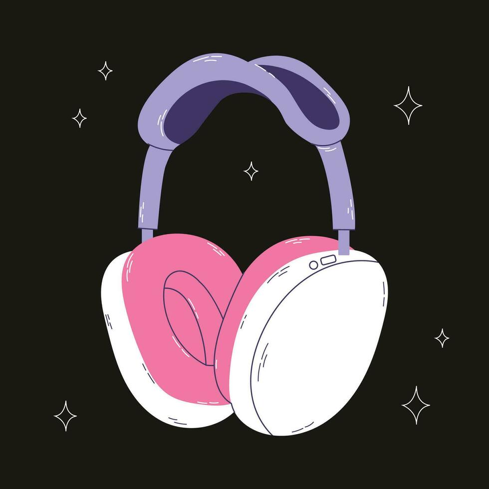 Cute professional gaming headphones for girls and boys in cartoon style. Colorful purple pink audio equipment for listening to music. Music device icon or print. Vector stock illustration.