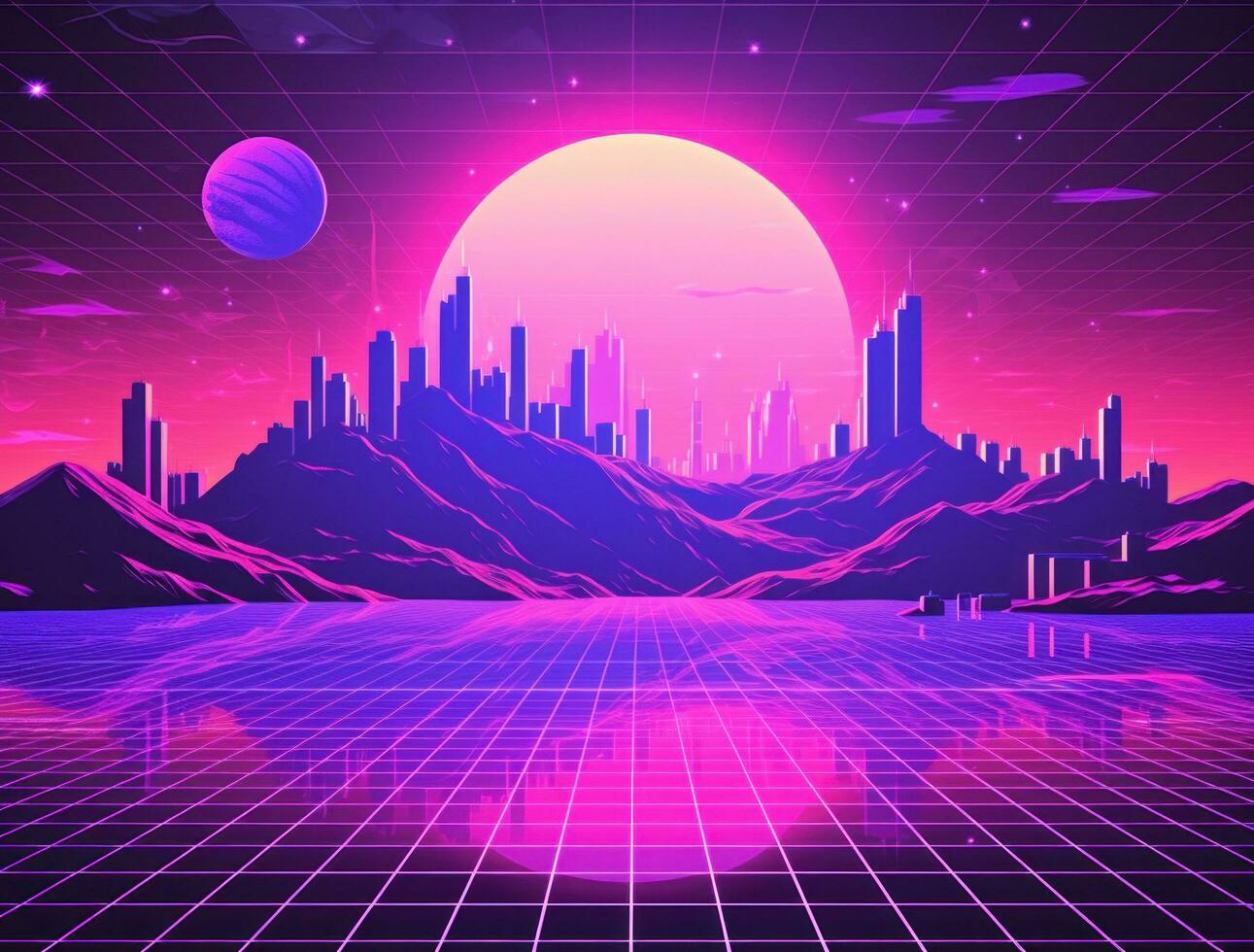 A futuristic pink land with a landscape with lighted icons photo