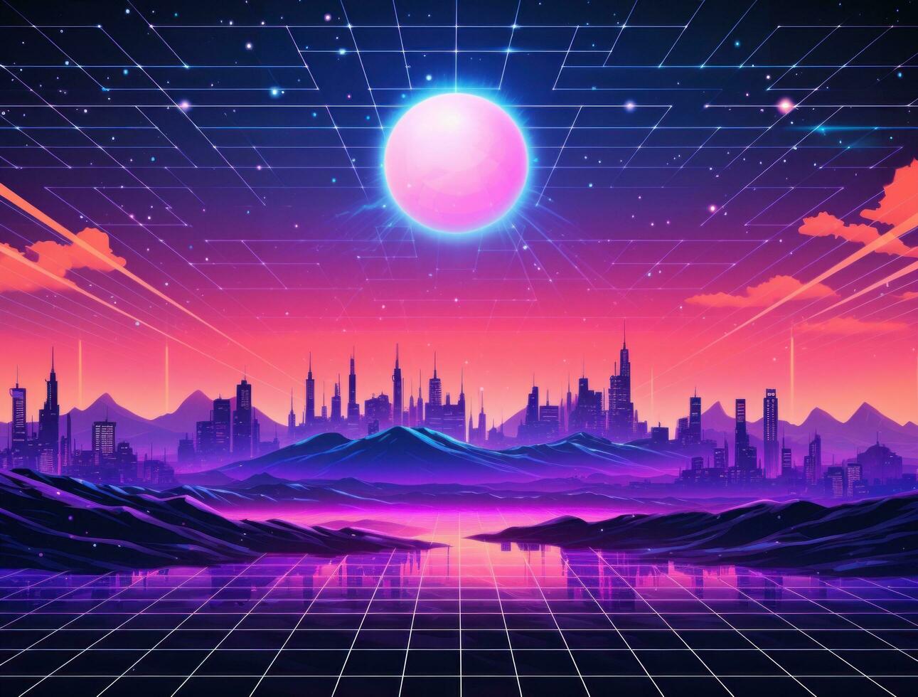 A futuristic pink land with a landscape with lighted icons photo