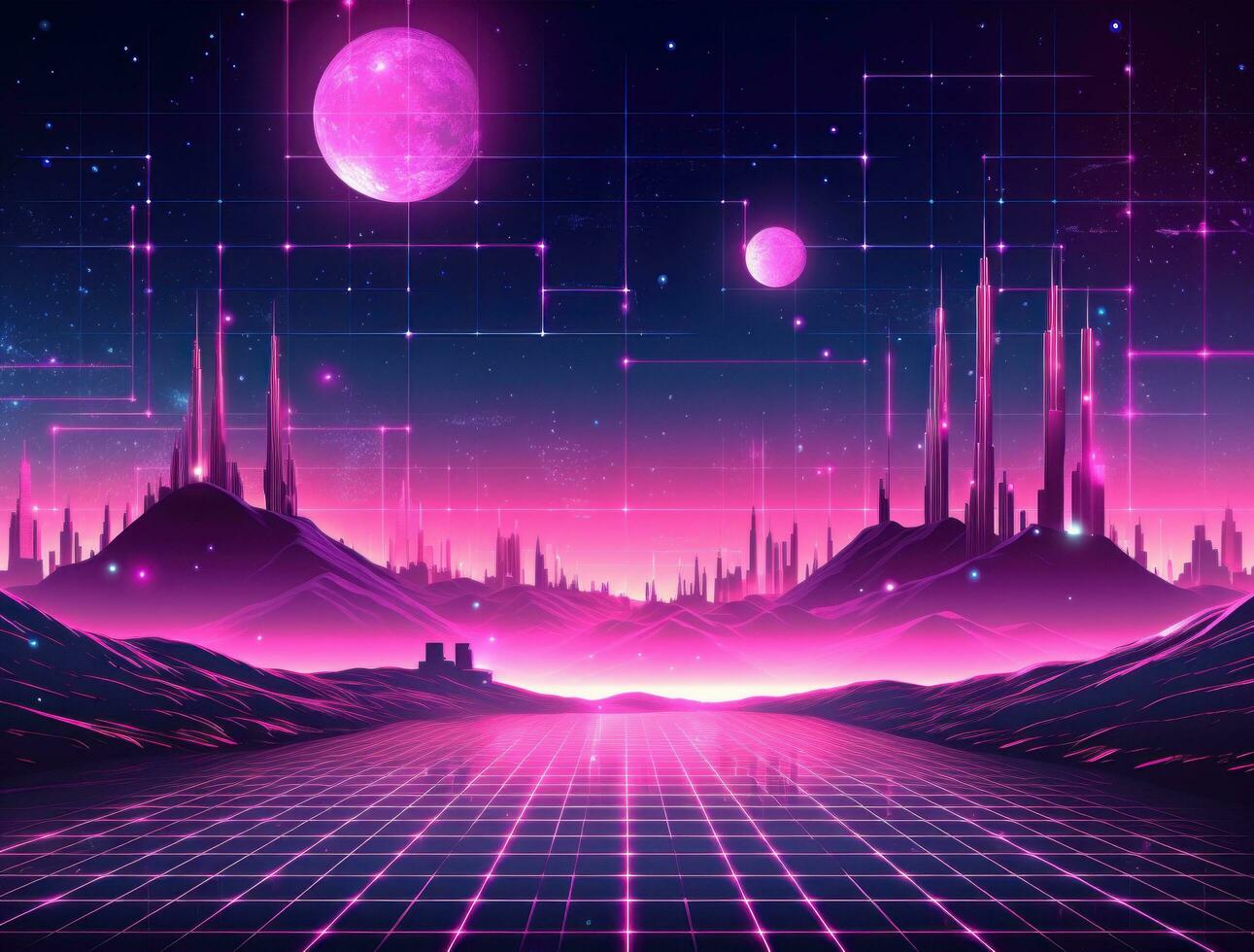 A futuristic pink land with a landscape with lighted icons photo