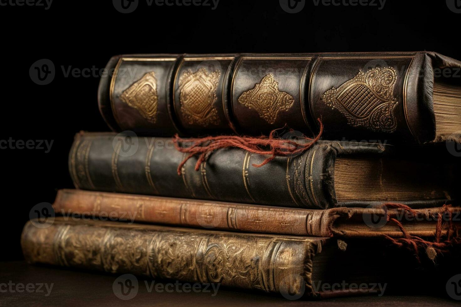 un apilar de antiguo encuadernado en cuero libros en un oscuro antecedentes. leyendo concepto. ai generativo foto