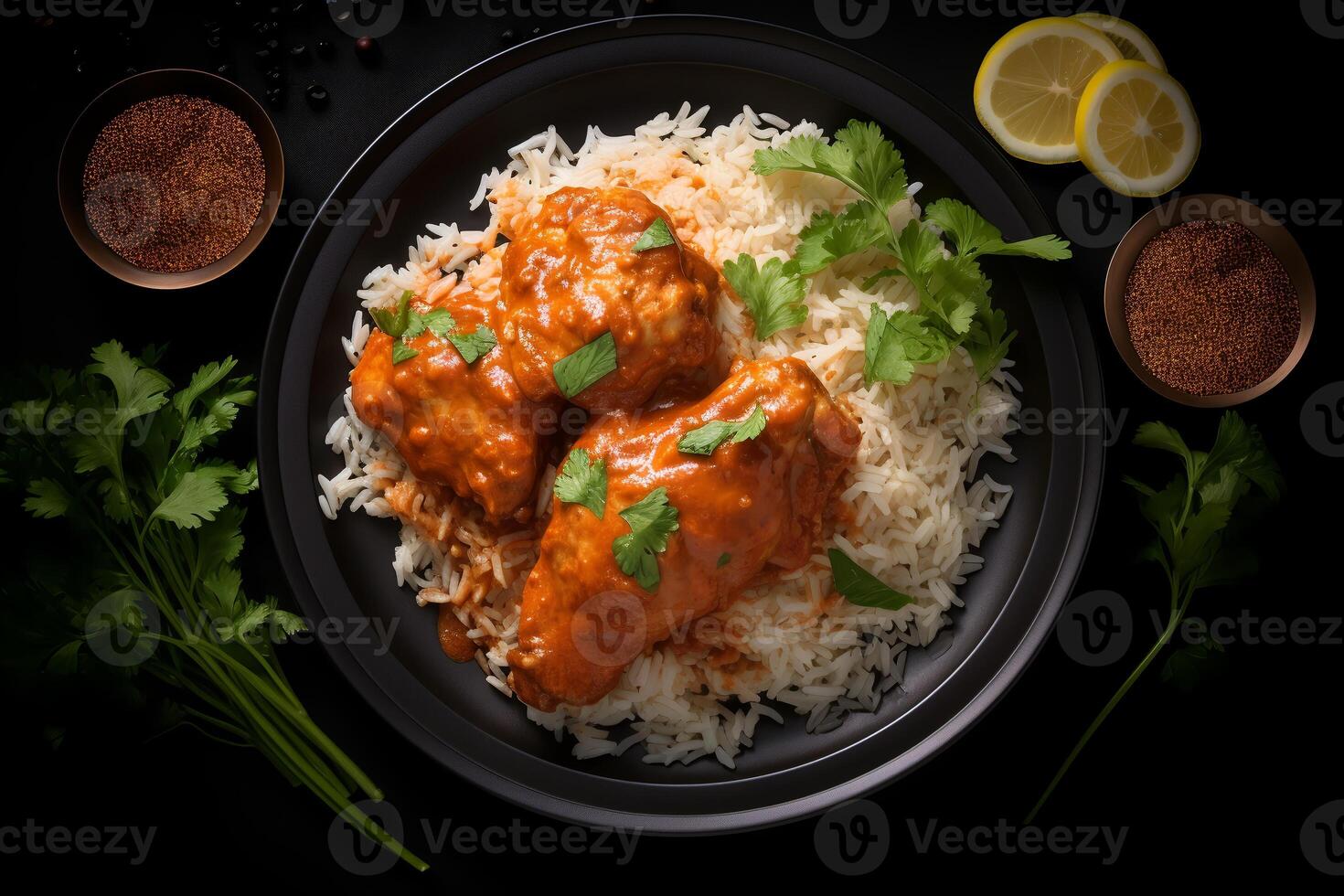 Indian butter chicken curry in balti dish. Generative AI Stock Illustration