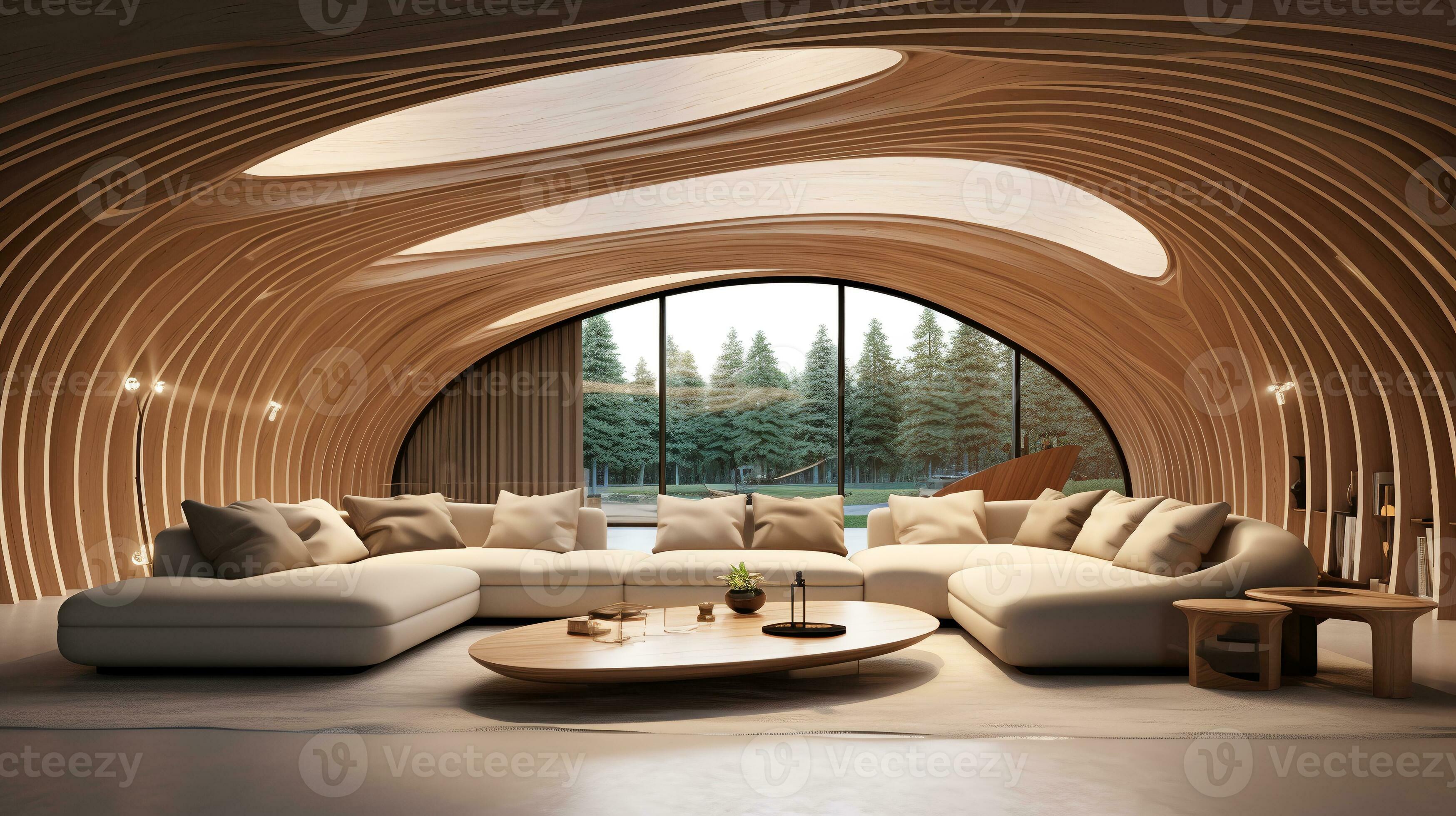 Abstract wooden arched ceiling and wall with curved lines. Interior