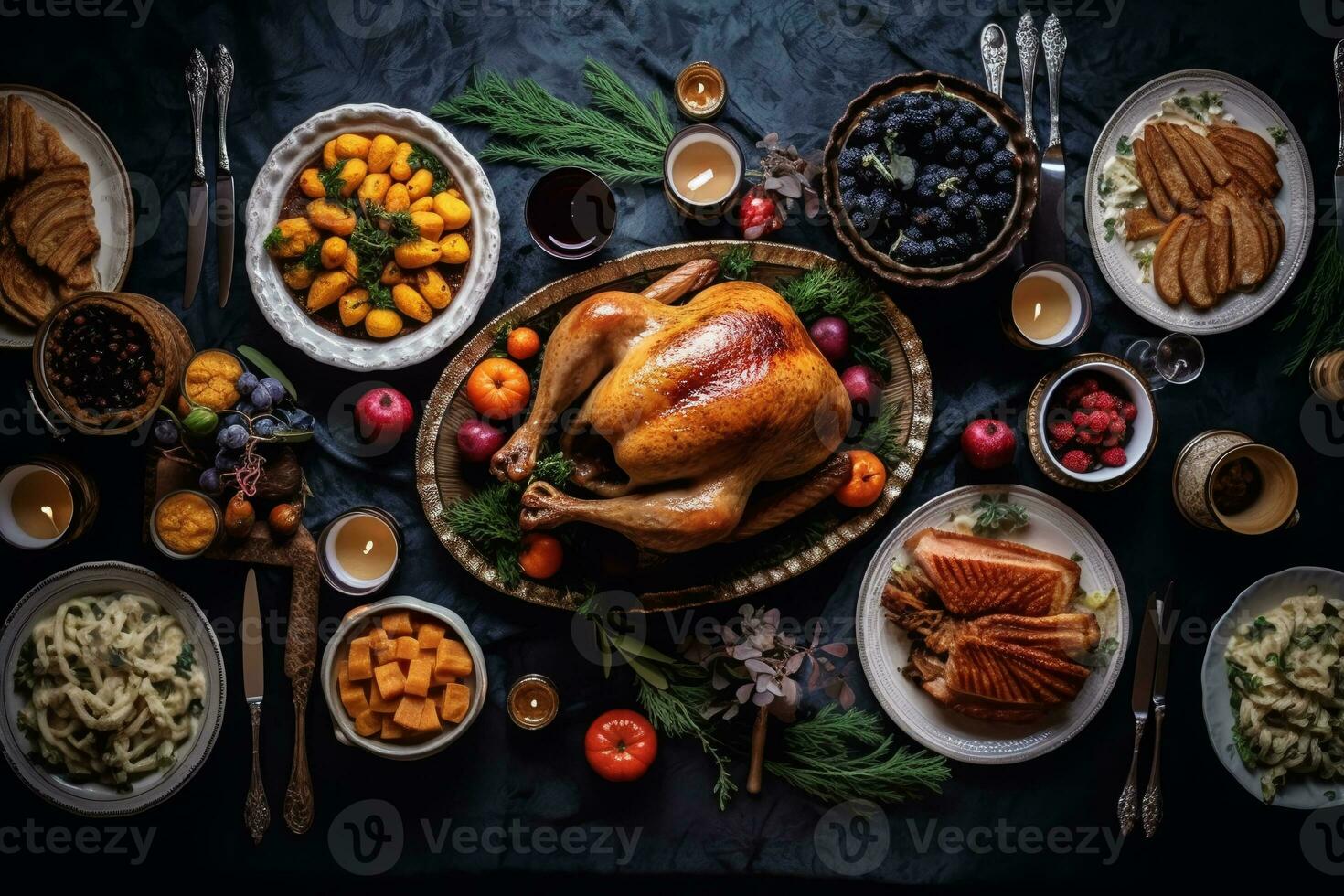 roasted turkey with vegetables and herbs is a traditional dish for thanksgiving or christmas day. ai generative photo