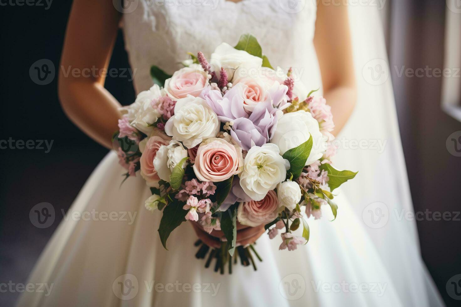 bride holding a beautiful wedding bouquet of flowers close-up.ai generative photo