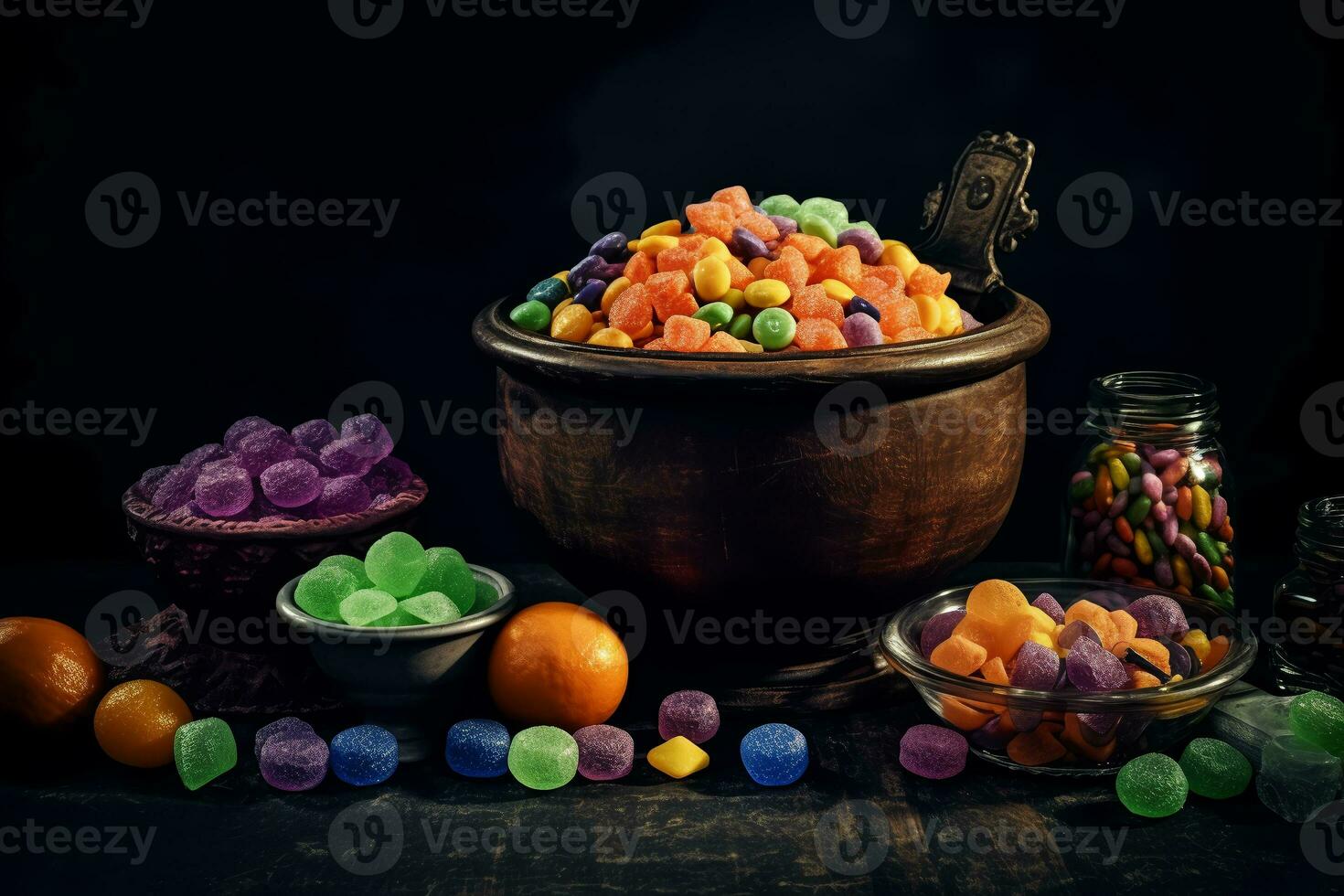 sweets with jelly and sugar inside the pot. colorful set of various children's sweets and treats. autumn holiday halloween. ai generative photo