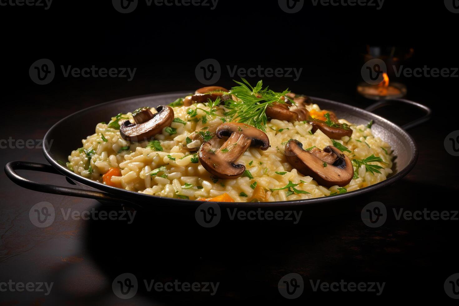 Mushroom Risotto, top view, dark background.ai generative photo