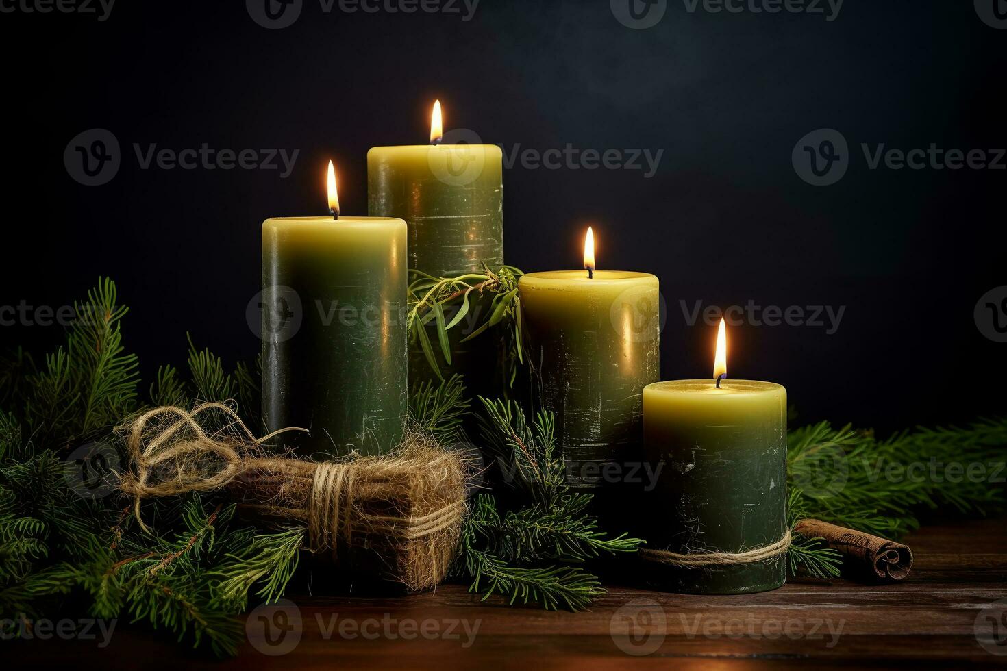 Decorative candles and fir branches. cozy christmas background. ai generative photo