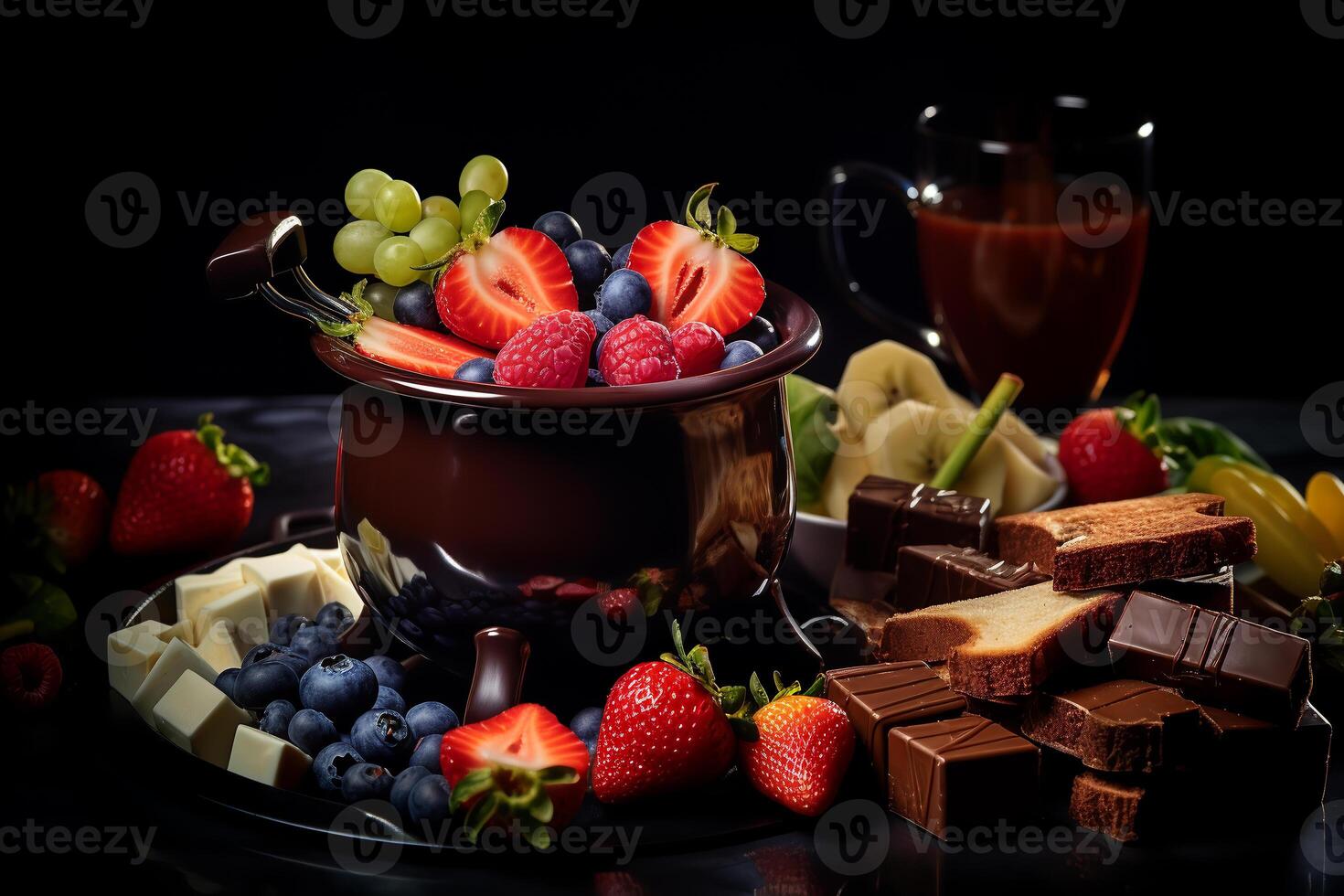 Chocolate fondue with fruits and toast, dark background. photo