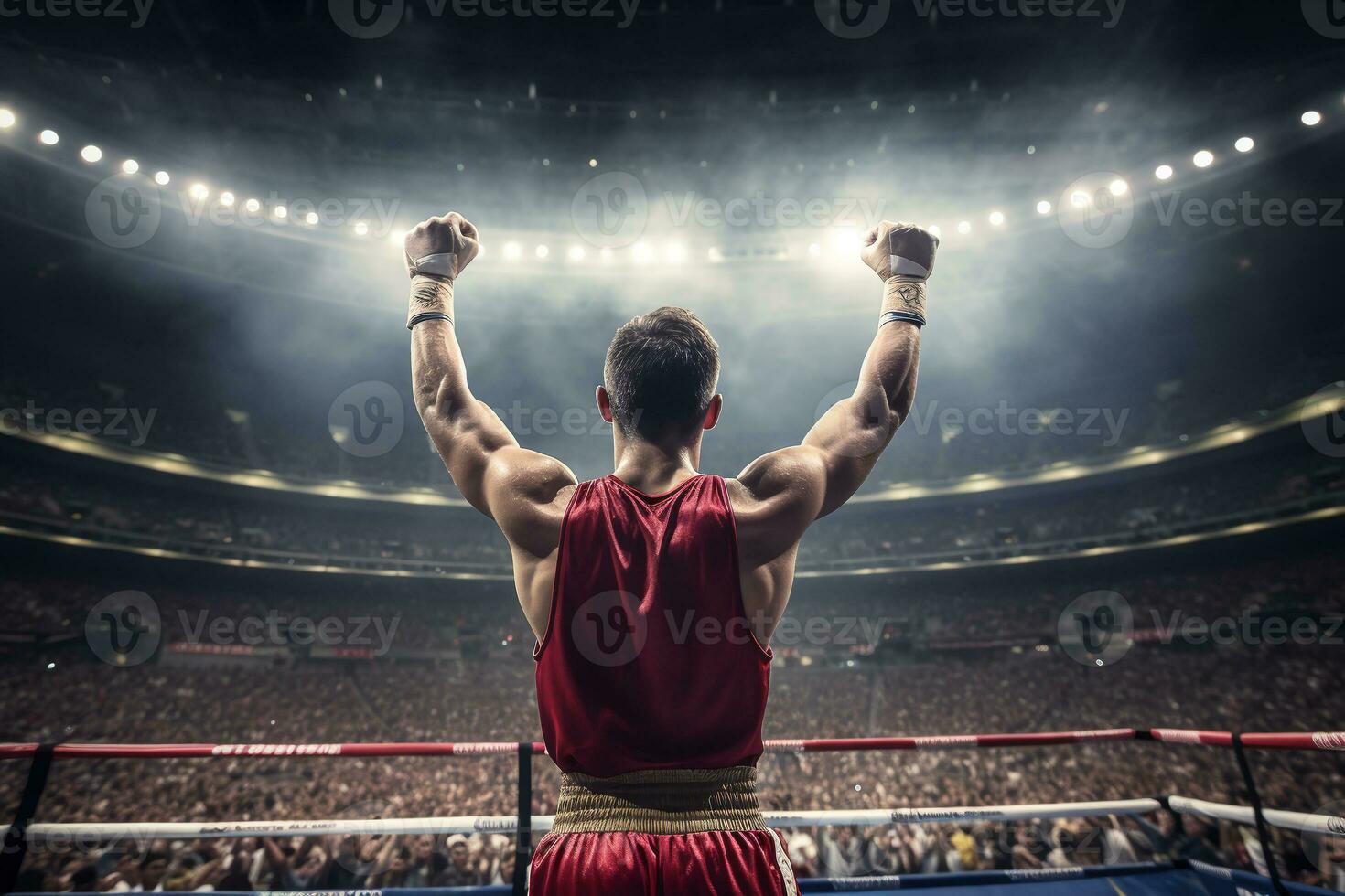Boxer celebrando victoria levantamiento su manos arriba, ver desde el atrás.ai generativo foto