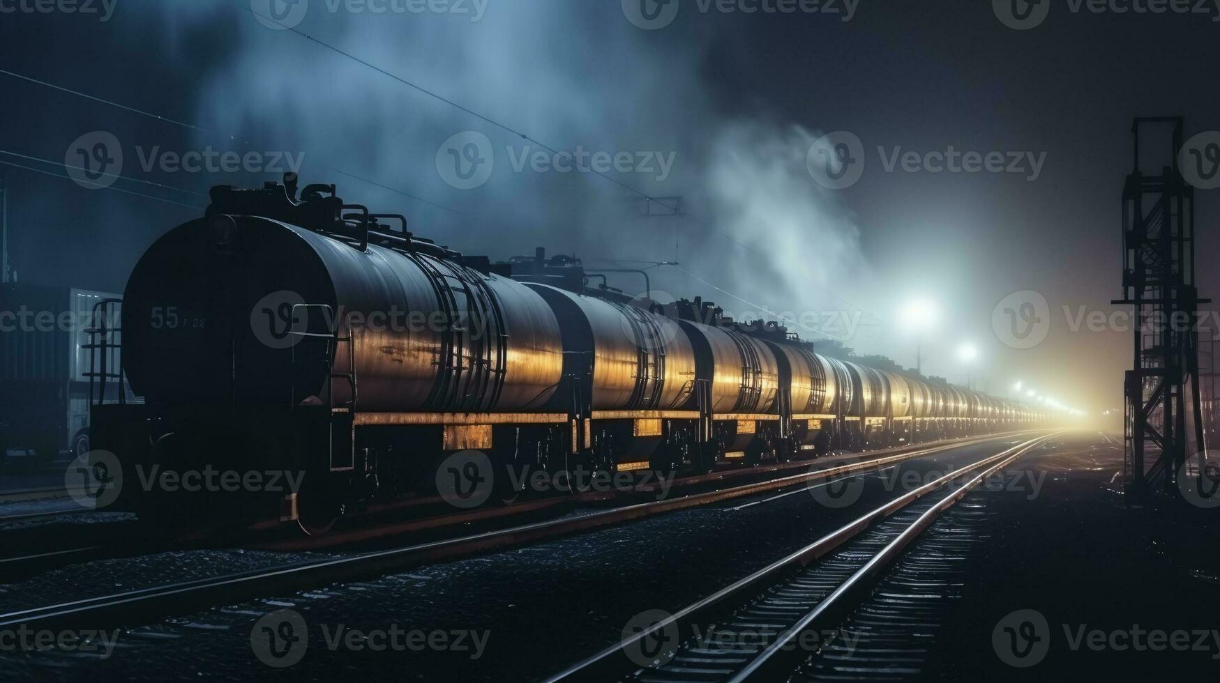 railway wagons tanks with fuel on the rails, haze and fog, night light of a lantern. ai generative photo