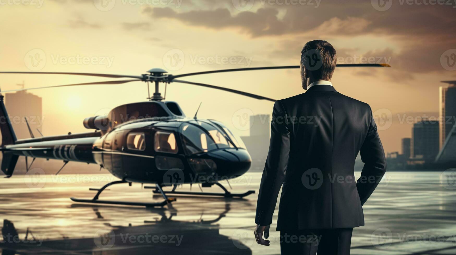 businessman standing in front of his helicopter, back view.ai generative photo