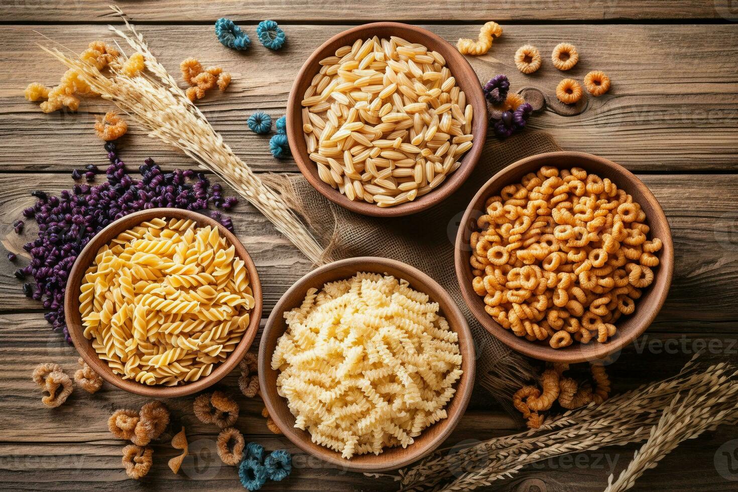 different varieties of pasta and cereals lie in plates on a wooden surface, top view, texture background. natural healthy food, vegan diet. Natural healthy food, vegan diet. Generative AI photo