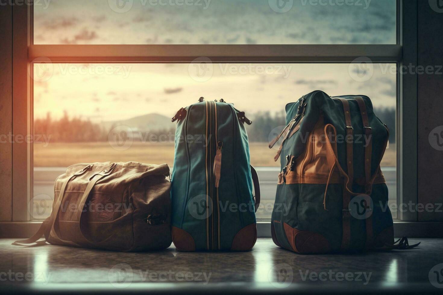 suitcases for travel, luggage in the airport terminal against the background of the window and the runway. ai generative photo