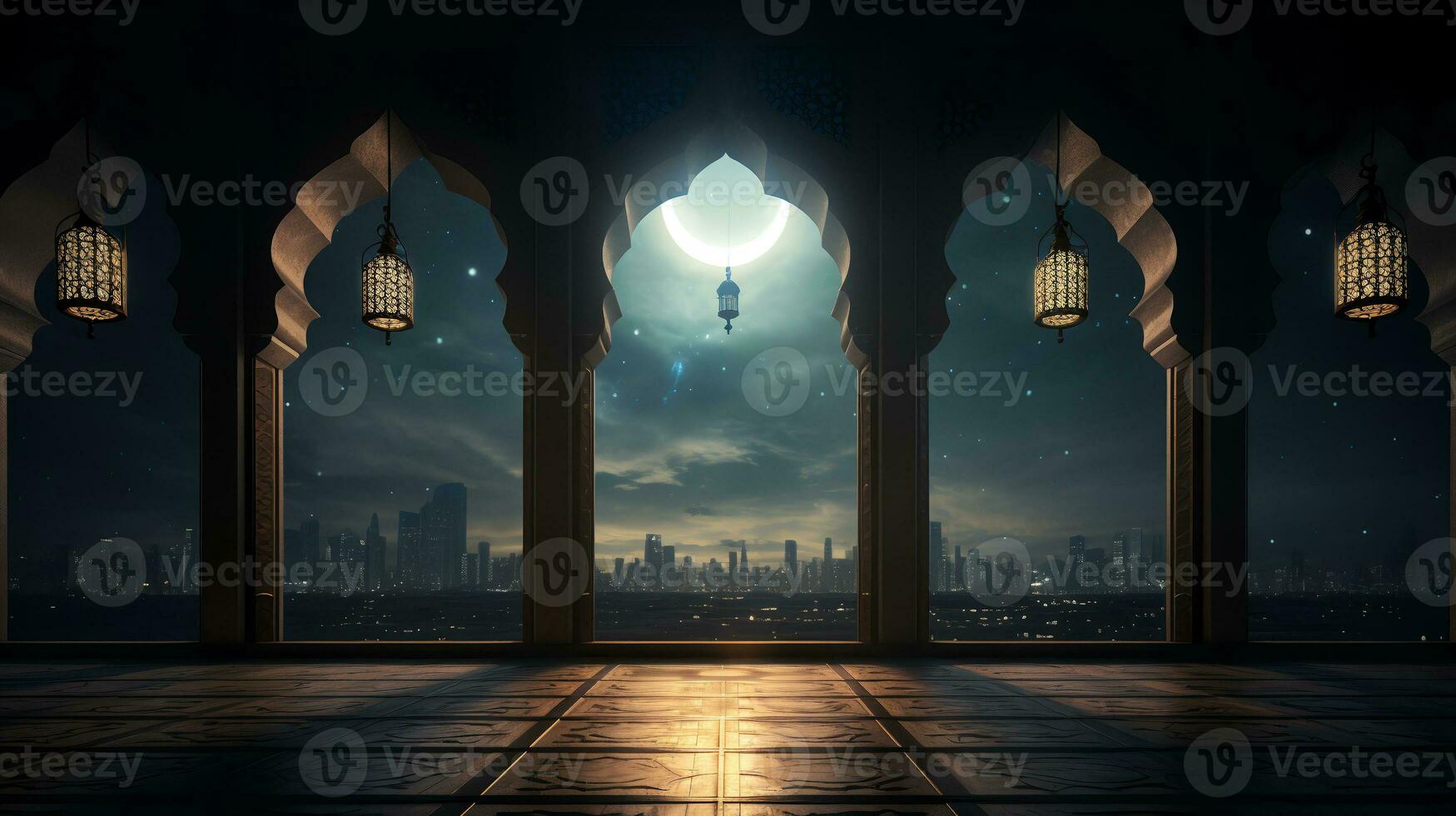 Moonlight shining through the window to the inside of an Islamic mosque with hanging lanterns.ai generative photo