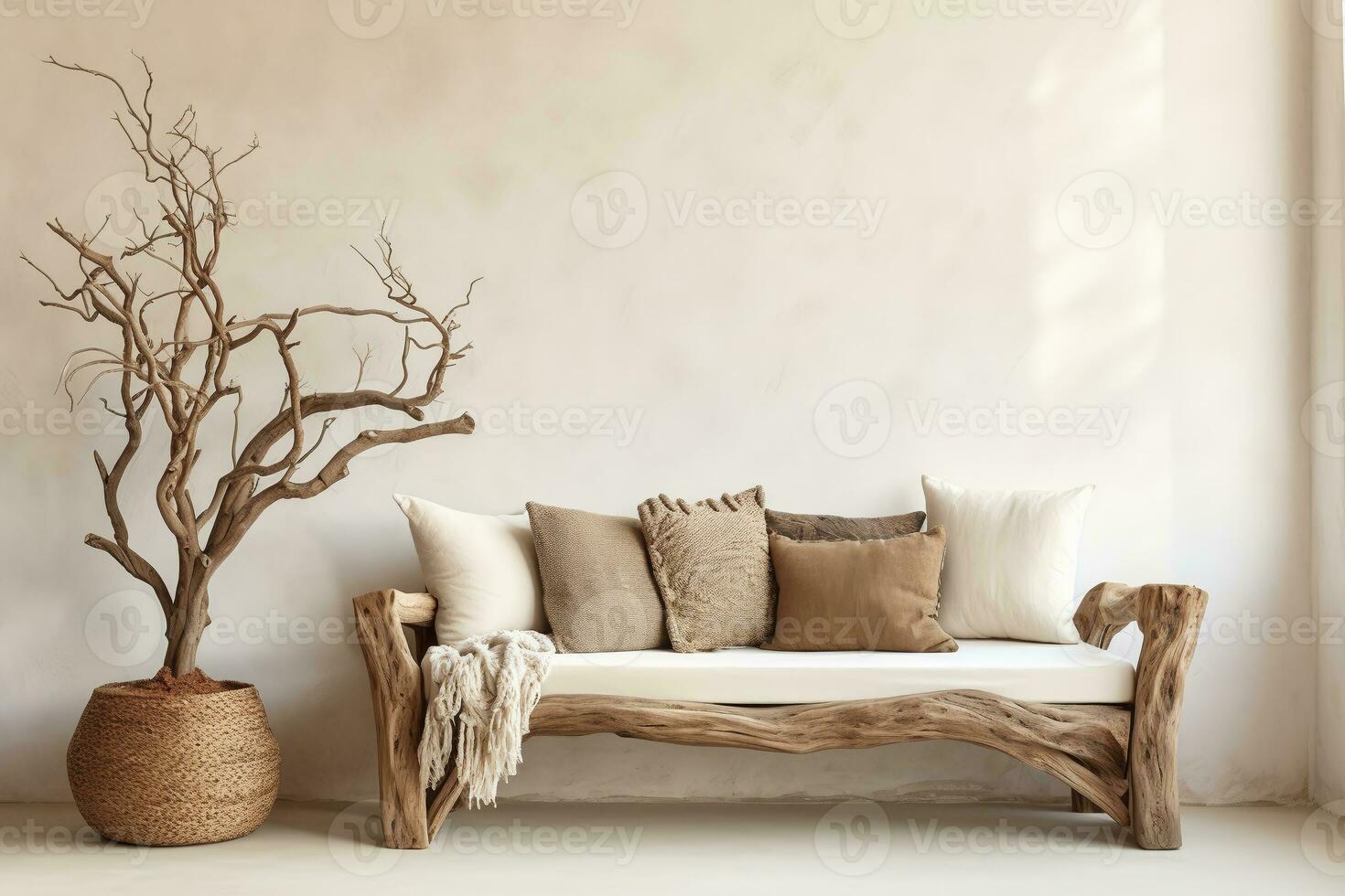 Rustic aged wood tree trunk bench with pillows near stucco wall with dried twig decor. Boho interior design of modern living room with window in farmhouse.ai generative photo