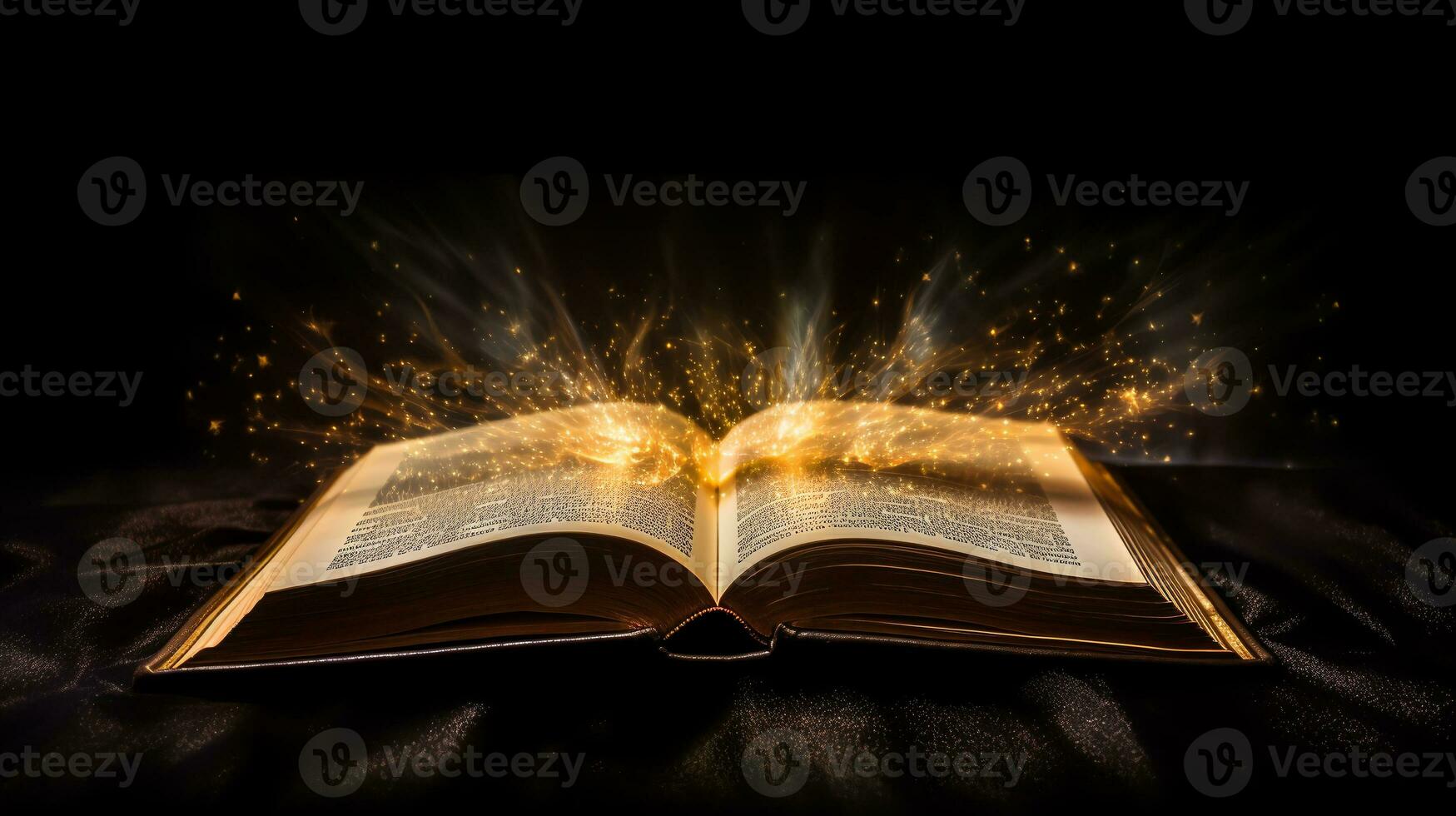 Shining Holy Bible - ancient book banner, illuminated message, black background. ai generative photo