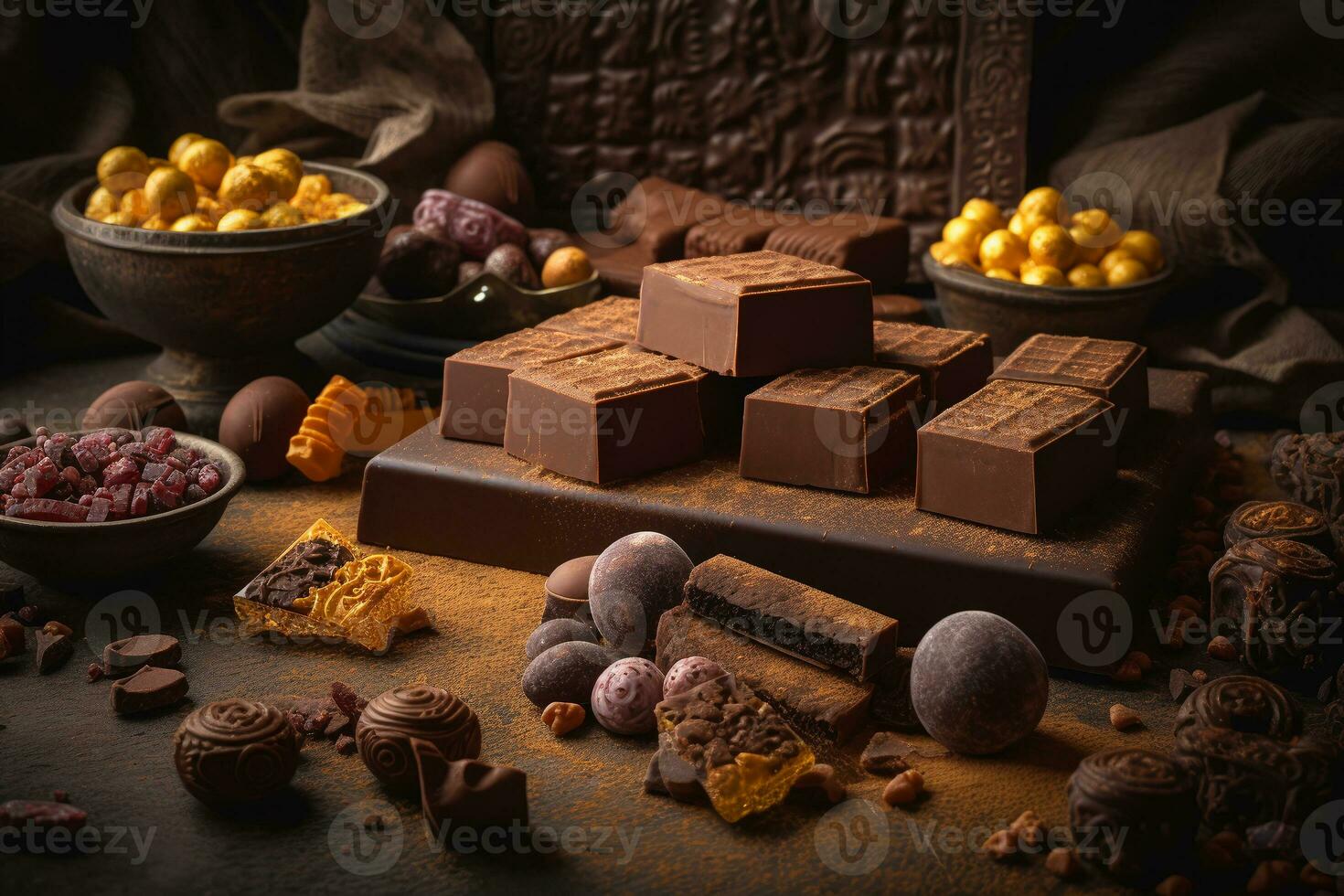 Tasty sweets with chocolate bars, cocoa powder, and candies on a background. ai generative photo