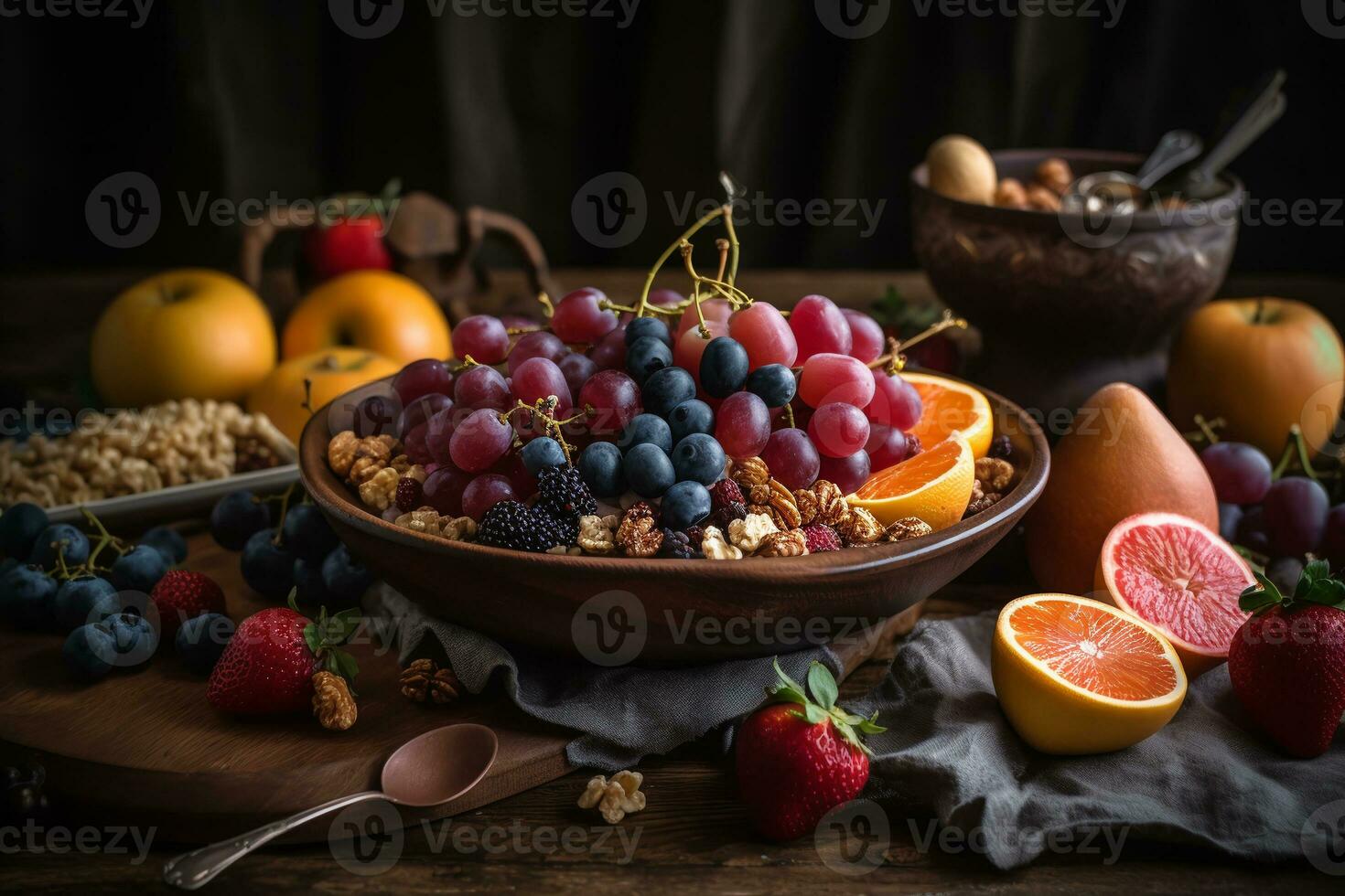 Summer acai smoothie bowls with strawberry, banana, blueberry, kiwi and muesli. Breakfast bowl with fruits and cereals, close-up. ai generative photo