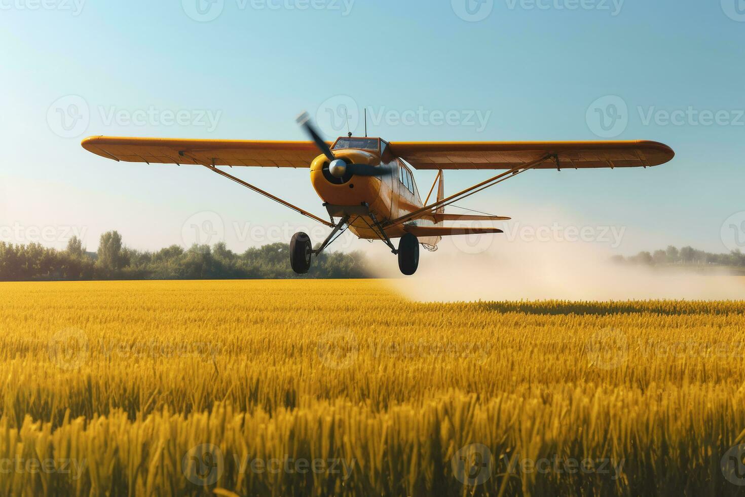 un avión moscas terminado un trigo campo y aerosoles líquido desde plagas ai generativo foto