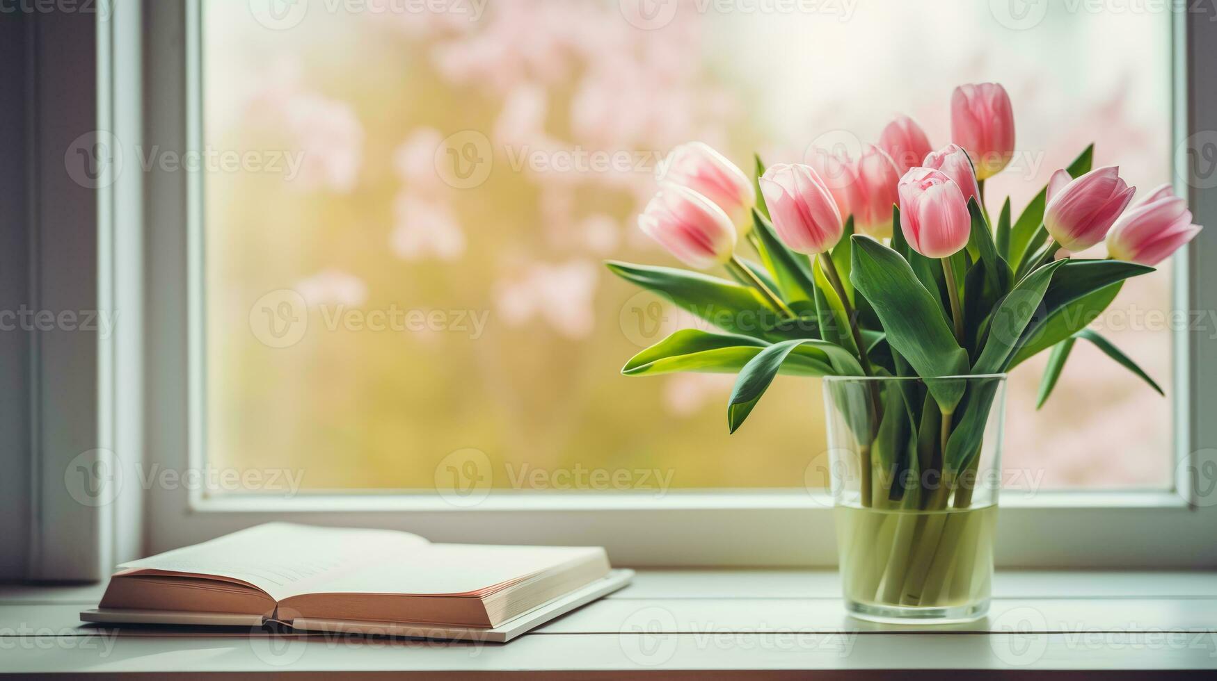 Pink tulips in a vase stand on the windowsill next to the book.ai generative photo