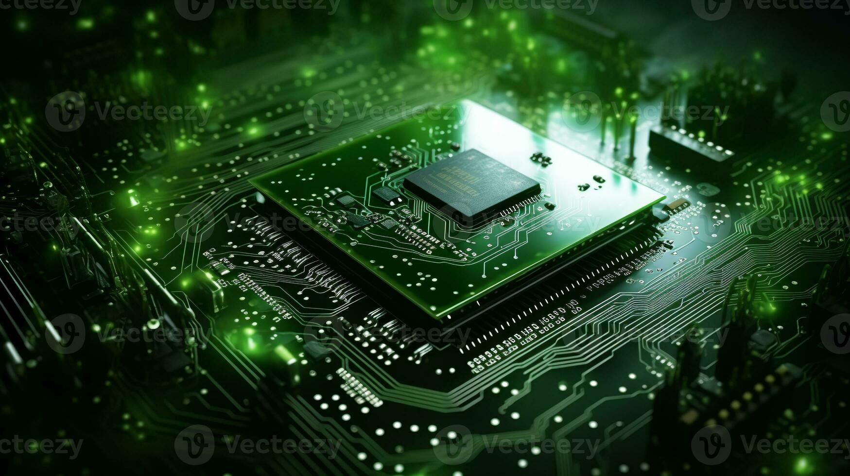 Concept of green technology. green recycle sign on circuit board technology innovations. Environment Green Technology Computer Chip.Green Computing, Green Technology.ai generative photo