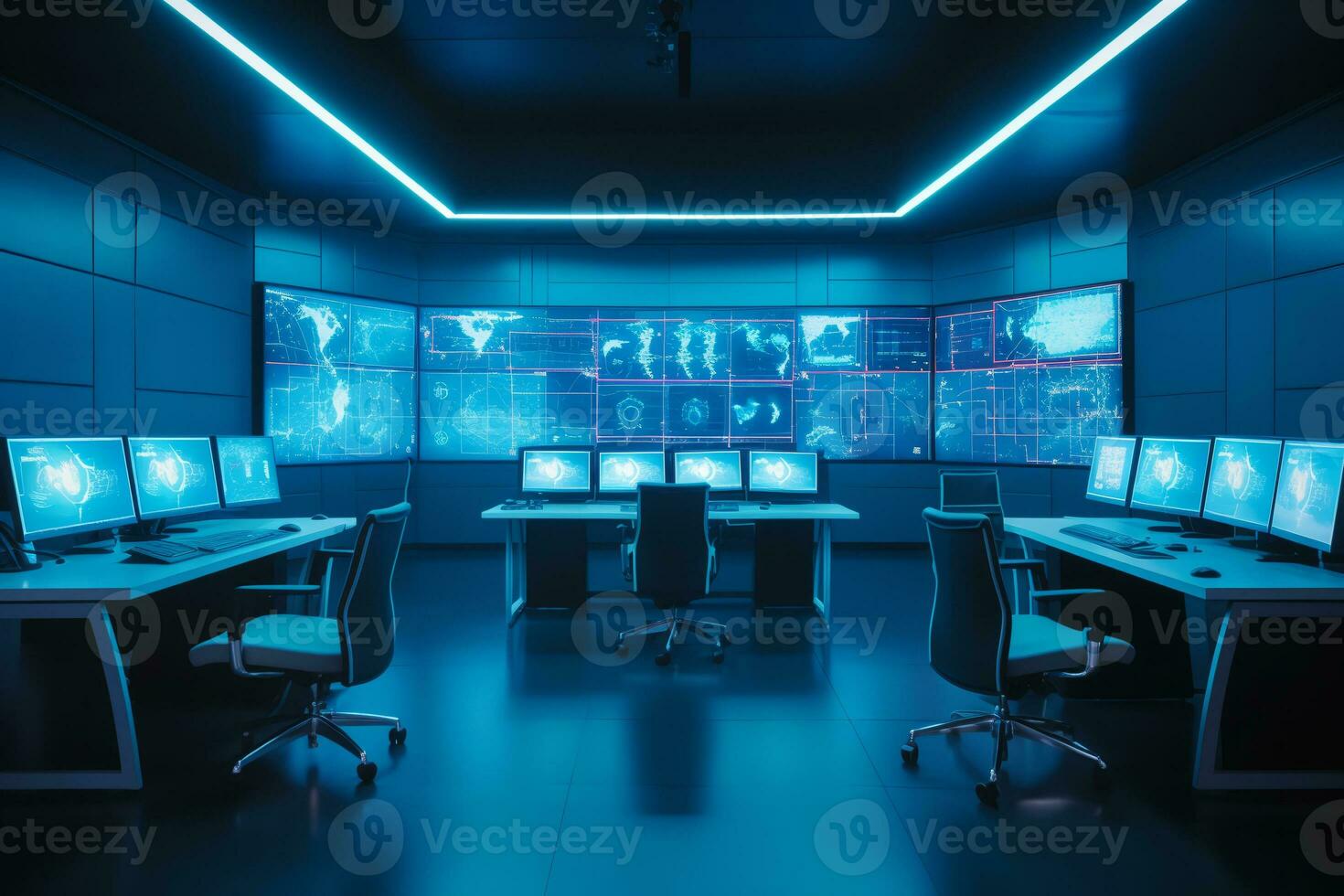 security system control room, workstation, monitoring room with security data center Empty office, desk and chairs. ai generative photo