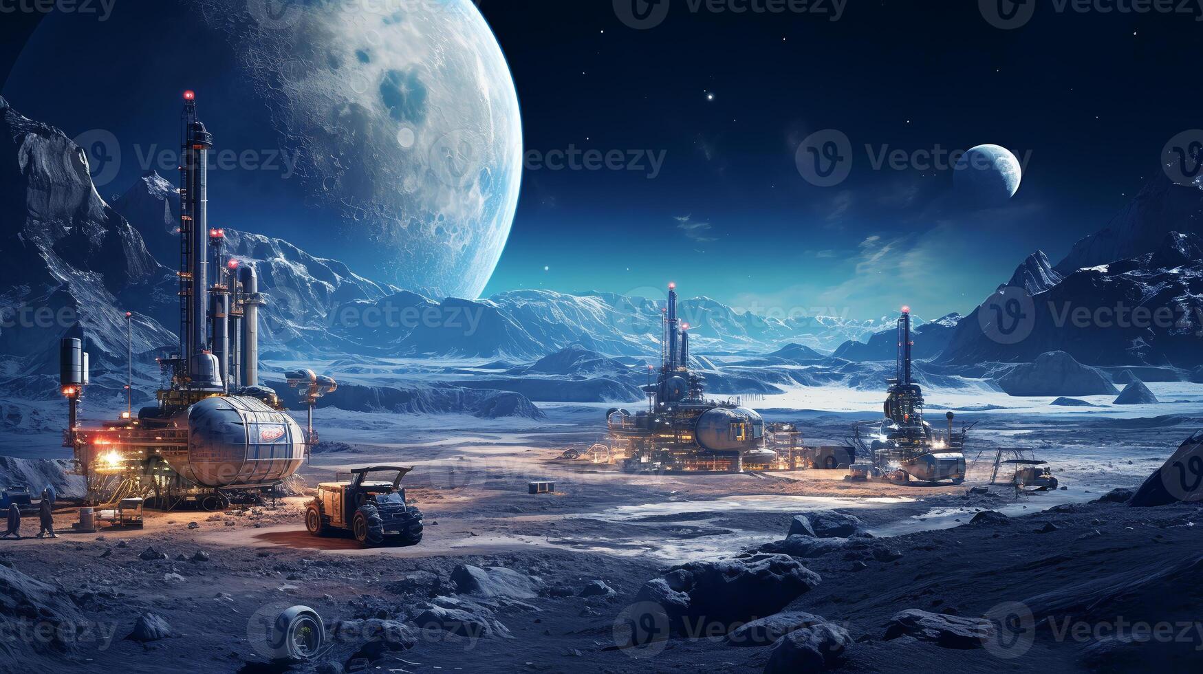 Space mining base operation on the moon surface, with planet Earth in the distance. photo