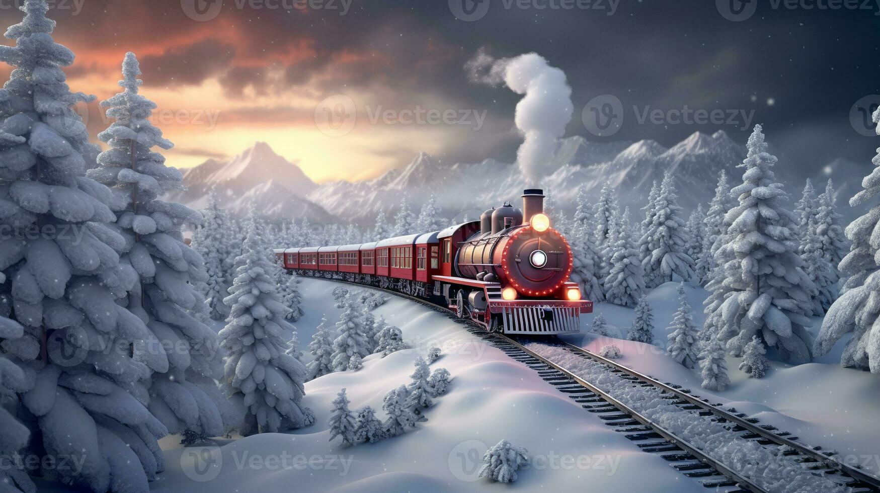 Cute christmas train goes through fantastic winter forest.ai generative photo